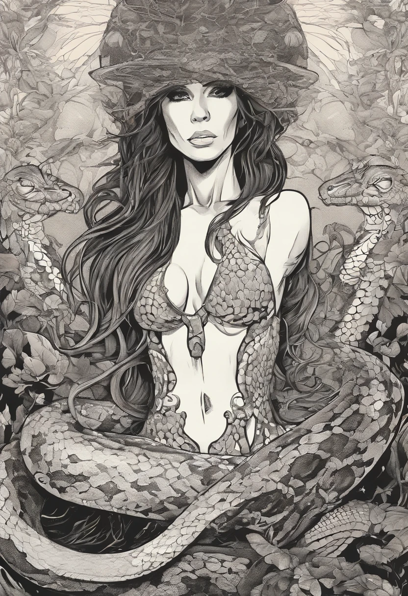 Medusa, comic panel, candid,((art style "Sean Gordon Murphy" comic drawing, splash panel)), snake skin dress, (background, pine barrens, entropy, rewilding, magic hour nautical twilight), body drawn in Frederic Delavier musculature anatomical illustration art style, (face, ornate black metal corpse paint, resembles Grace Jones), silhouette, full body portrait, (body, Naga, snakefolk, lower body snake tail, snake woman hybrid, bald, hairless, skeleton, snake skin tattoos, piercing eyes, snake pupils), craftsmanship nuance, full body portrait, (colors, forest green to earth brown, merge bleak muted deep fiery radiant glowing CMYK hues, (horror, abstract, surreal, body, cosmic), (art style Gerardo Zaffino charcoal), double exposure, optical illusion, nyctophobia, subliminal orchids, unfinished,