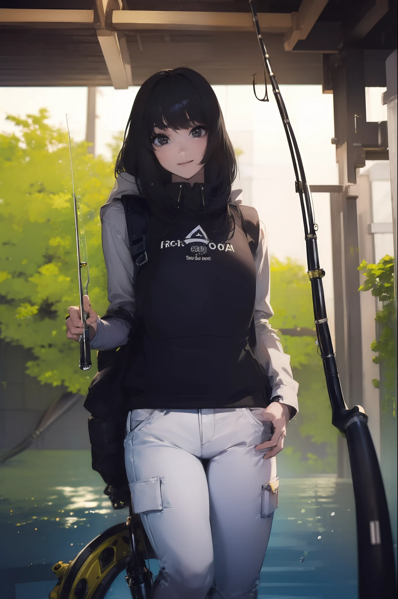 ((((Have a fishing rod with a reel:1.5)))),((Female 28 years old)),((Best Quality:1.5)),(((Hands with the correct number and structure of fingers:1.4))),((Lakeside:1.37)),hight resolution,ultra-detailliert,masterpiece,best qualtiy,(Eight-headed body),(1 fishing rod,Holding a fishing rod in your hand,Fishing lure rod,Fishing Reel,with long sleeve hood,Outdoor Vest,parka,Long pants for fishing,Big backpack),thin and long legs,Beautiful hip line,Beautiful spine,constricted back,Toned waist,beutiful breast),(Fine fingers、Ratio 4 fingers and 1 thumb、detailed arms、detailed human hands),Gentle smile,shiny lip,(1 fishing rod,Straight stretch fishing rod,Long fishing rod,Woman fishing with fishing rod in hand),Black hair, long eyeslashes, Solid Circle Eyes, drop shadow, Atmospheric perspective,Super Detail, ccurate, small brest,(Black jacket and black jeans :1.1),top-quality, blurry backround, bokeh dof:1.2, (masterpiece:1.3), Atmospheric perspective,Super Detail,dynamic compositions, Ultra High Quality,