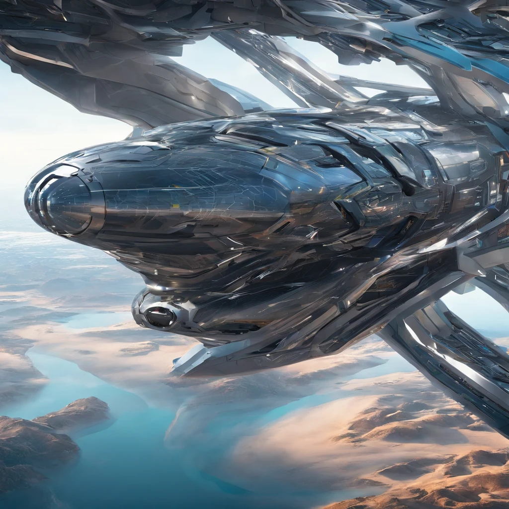 spacecraft with metal fish appearance, plastic, blindagem. planos futurista fundo nave de guerra em forma futurista voando 4k
