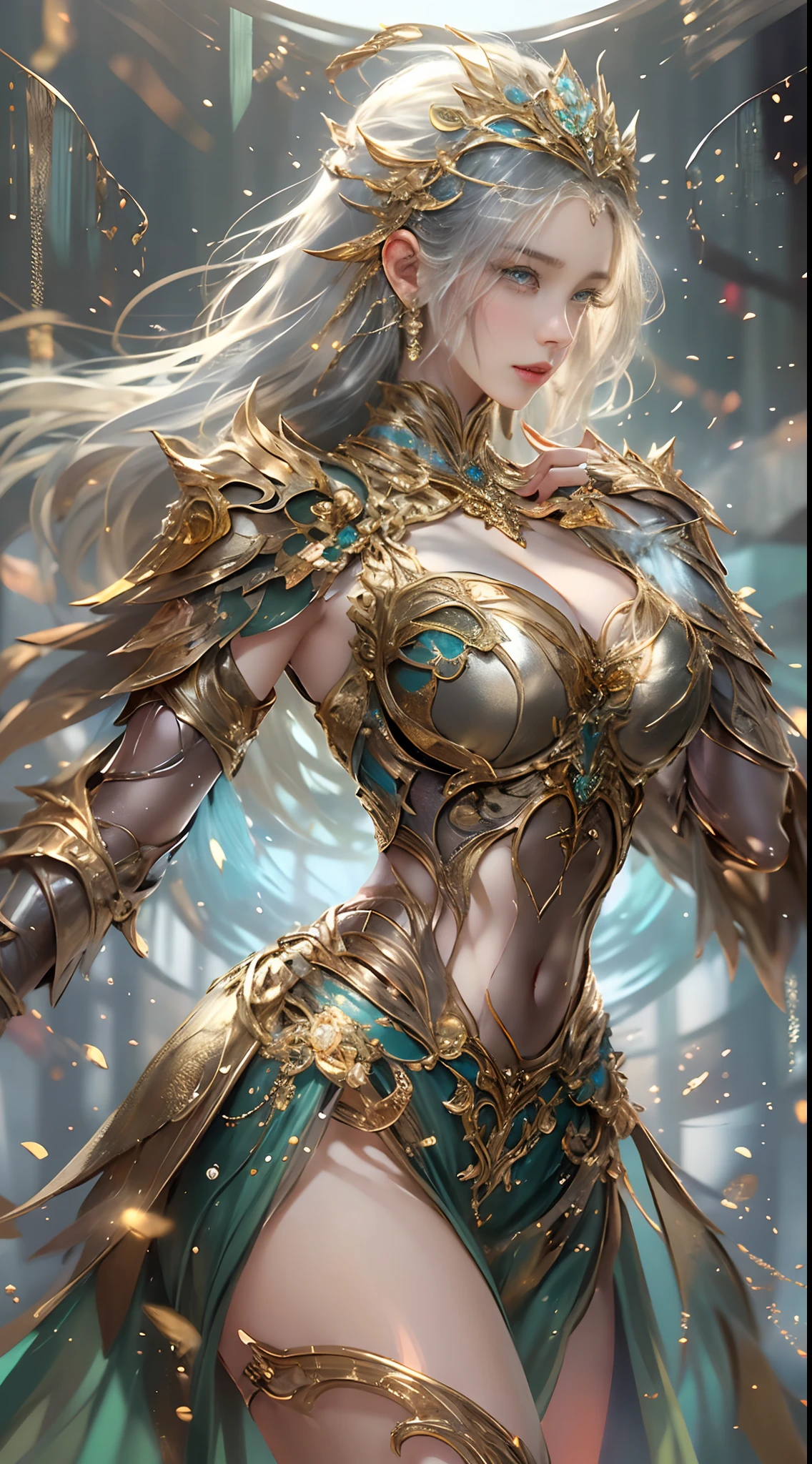 Woman in a golden transparent dress,view the viewer,(((Huge breasts, Large cleavage))),Slim waist,(navel baring,Bare waist), Long hair, Ultra-detailed details,High-end Zhenyi station, Rainstorm site, detailed fantasy art, Stunning character art, Beautiful and exquisite character art, Beautiful gold and silver armor, Extremely detailed, Girl in shiny armor, Exquisite tiaras and jewelry,Crystal jewelry filigree, milky ways, Stunning visuals, (dynamic streaks, light tracks:1.2), Vibrant colors,