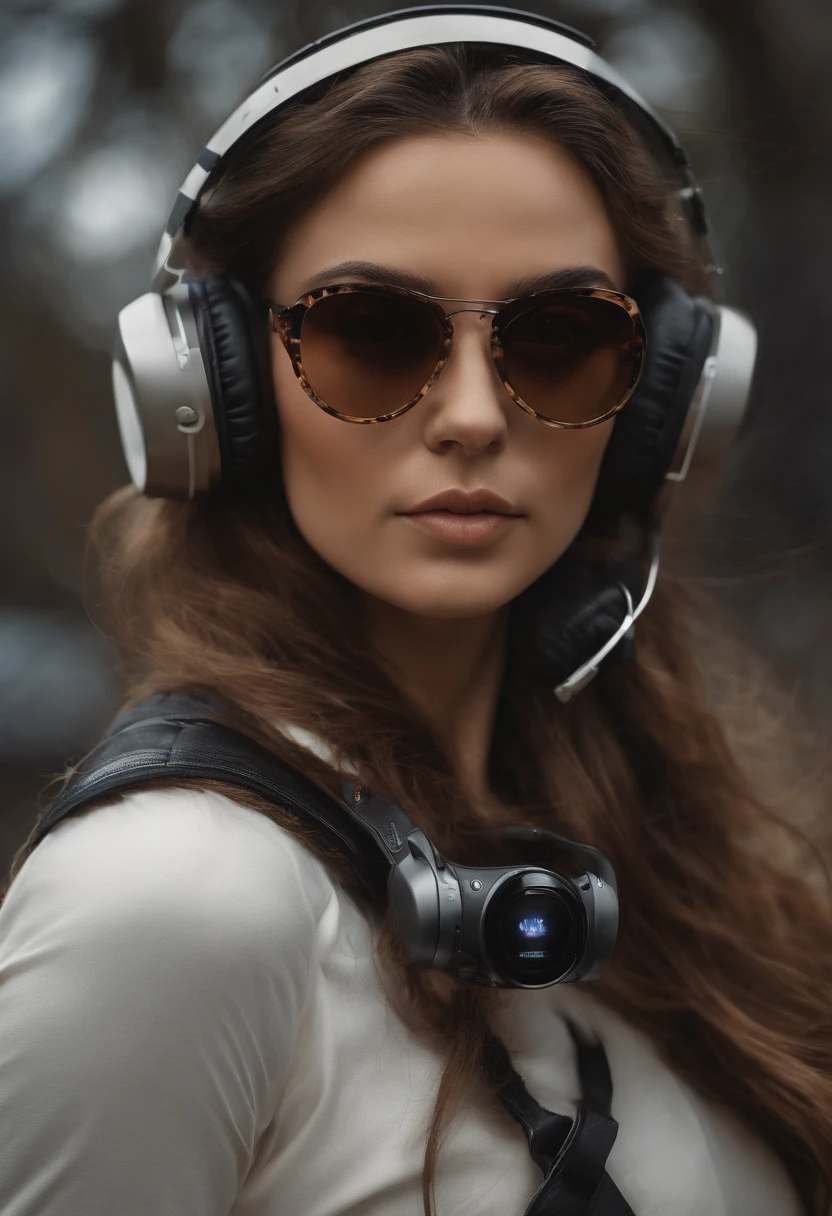 Perfect centralization, um gatinho bonito, Use uma jaqueta da equipe de estudantes, wearing sunglasses, Usando fones de ouvido, alegria, Standing position, beleza abstrata, Centrado, looking at the camera, Facing the camera, nearing perfection, Dynamic, altamente detalhado, liso, foco nítido, 8k, high-definition resolution, illustration, arte de Carne Griffiths e Wadim Kashin, fundo branco
