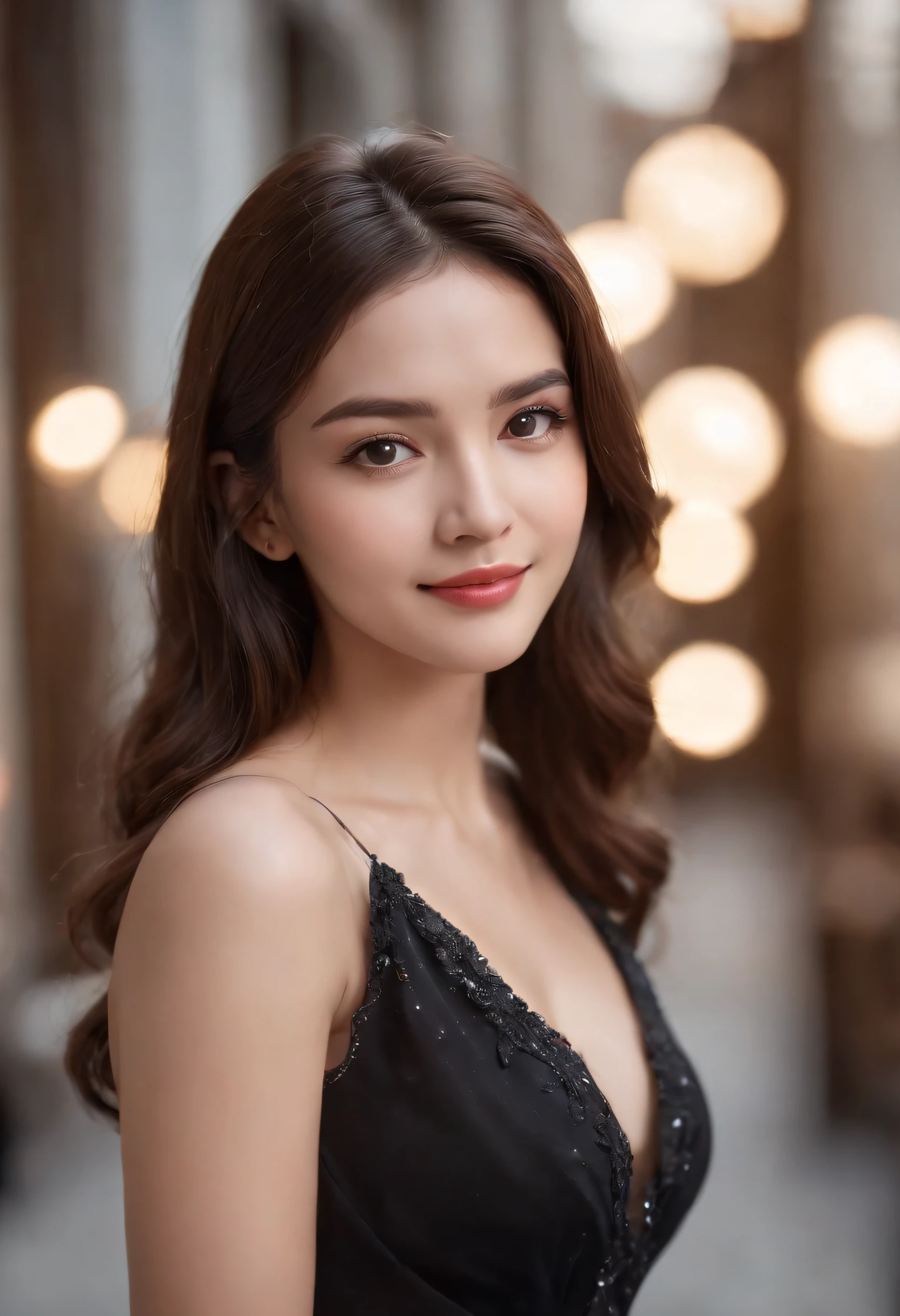 ((Best quality, 8k, Masterpiece :1.3)), 1girl, smiling, full body, slim face, Pretty woman, (Dark brown hair), full length dress :1.1, Ultra-detailed face, Detailed eyes, Double eyelid, blur background, slim face, city, outside, street,