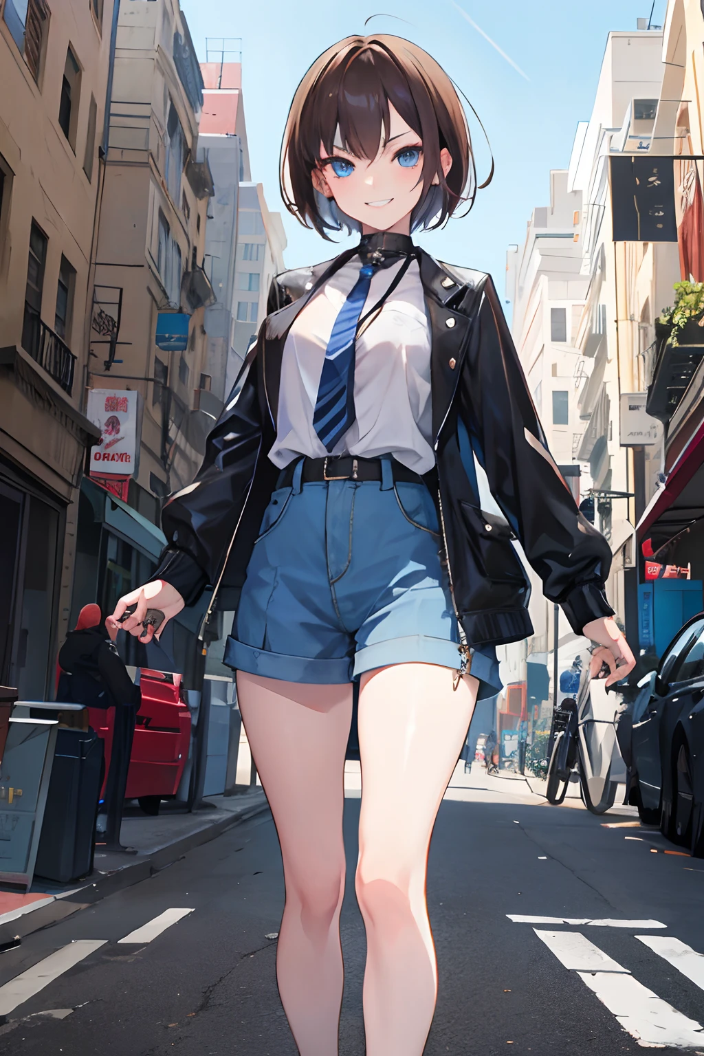 masterpiece,1girl,solo,short hair,brown hair,blue eyes,street,badass,mafia, badass smile