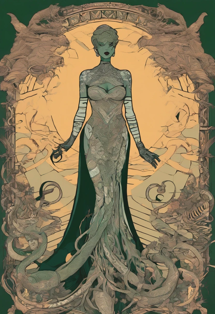 Medusa, comic panel, candid,((art style "Sean Gordon Murphy" comic drawing, splash panel)), snake skin dress, (background, pine barrens, entropy, rewilding, magic hour nautical twilight), body drawn in Frederic Delavier musculature anatomical illustration art style, (face, ornate black metal corpse paint, resembles Grace Jones), silhouette, full body portrait, (body, Naga, snakefolk, lower body snake tail, snake woman hybrid, bald, hairless, skeleton, snake skin tattoos, piercing eyes, snake pupils), craftsmanship nuance, full body portrait, (colors, forest green to earth brown, merge bleak muted deep fiery radiant glowing CMYK hues, (horror, abstract, surreal, body, cosmic), (art style Gerardo Zaffino charcoal), double exposure, optical illusion, nyctophobia, subliminal orchids, unfinished,