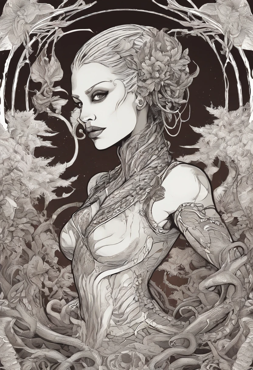 Medusa, comic panel, candid,((art style "Sean Gordon Murphy" comic drawing, splash panel)), snake skin dress, (background, pine barrens, entropy, rewilding, magic hour nautical twilight), body drawn in Frederic Delavier musculature anatomical illustration art style, (face, ornate black metal corpse paint, resembles Grace Jones), silhouette, full body portrait, (body, Naga, snakefolk, lower body snake tail, snake woman hybrid, bald, hairless, skeleton, snake skin tattoos, piercing eyes, snake pupils), craftsmanship nuance, full body portrait, (colors, forest green to earth brown, merge bleak muted deep fiery radiant glowing CMYK hues, (horror, abstract, surreal, body, cosmic), (art style Gerardo Zaffino charcoal), double exposure, optical illusion, nyctophobia, subliminal orchids, unfinished,