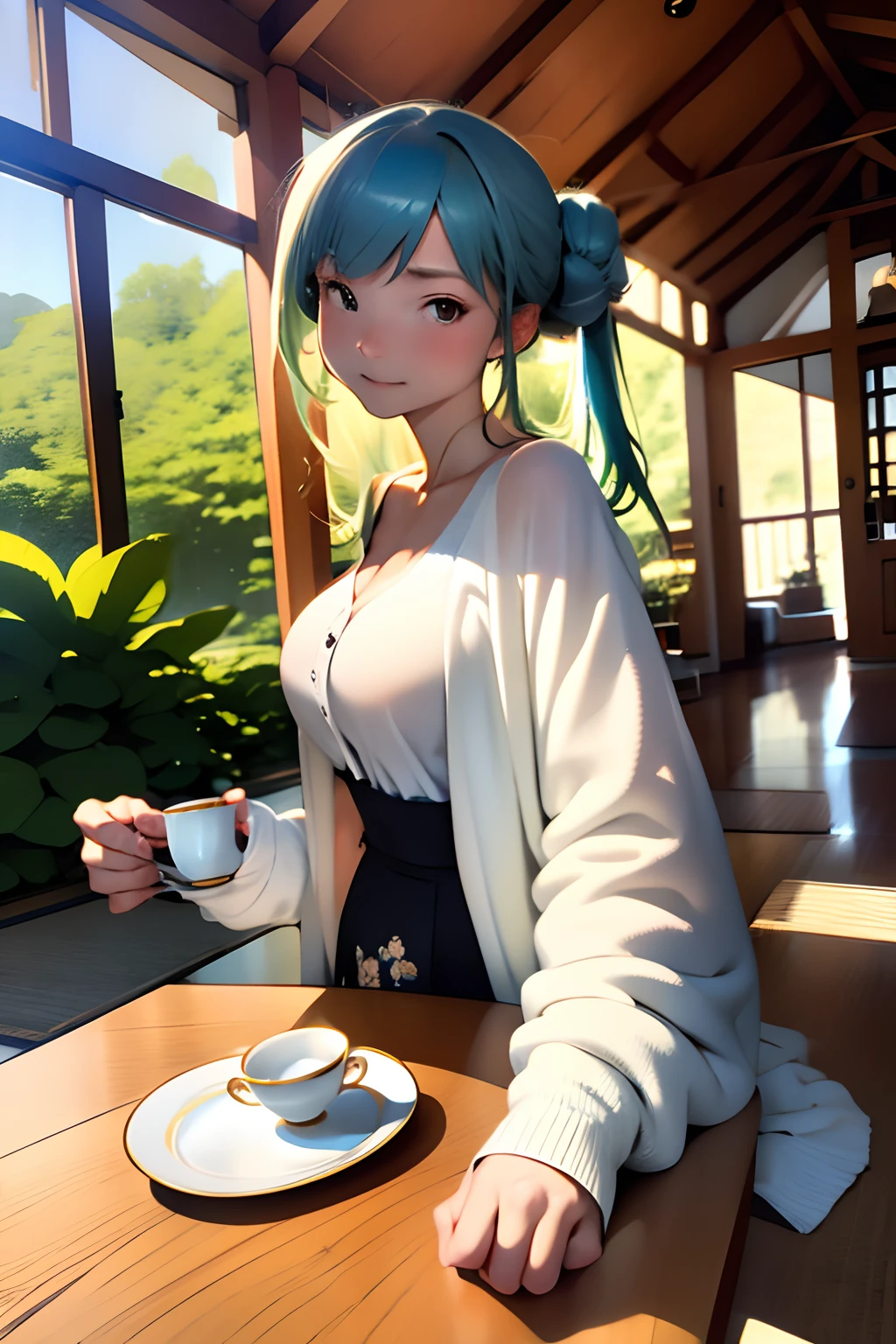 masutepiece, Best Quality, hight resolution,A perfect・Atonmy,独奏,Bun hair,white shirt,Cardigan with long ultramarine sleeves,Enjoy afternoon tea and tea treats,tea set,Round table with flowers in a vase,