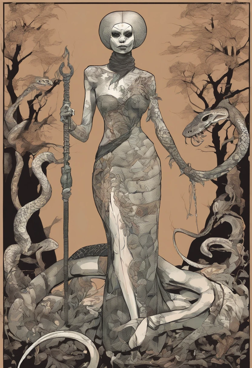 Medusa, comic panel, candid,((art style "Sean Gordon Murphy" comic drawing, splash panel)), snake skin dress, (background, pine barrens, entropy, rewilding, magic hour nautical twilight), body drawn in Frederic Delavier musculature anatomical illustration art style, (face, ornate black metal corpse paint, resembles Grace Jones), silhouette, full body portrait, (body, Naga, snakefolk, lower body snake tail, snake woman hybrid, bald, hairless, skeleton, snake skin tattoos, piercing eyes, snake pupils), craftsmanship nuance, full body portrait, (colors, forest green to earth brown, merge bleak muted deep fiery radiant glowing CMYK hues, (horror, abstract, surreal, body, cosmic), (art style Gerardo Zaffino charcoal), double exposure, optical illusion, nyctophobia, subliminal orchids, unfinished,