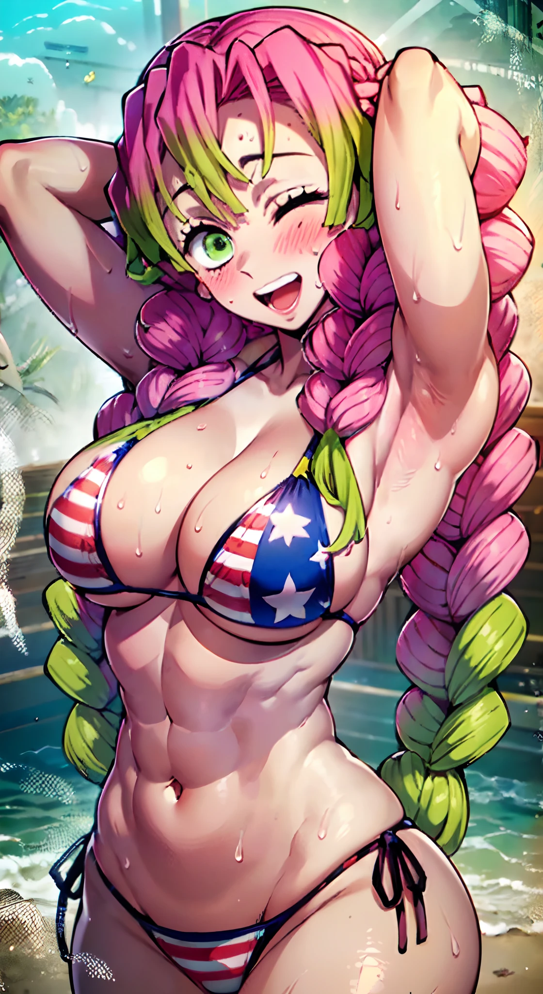(Perfect body),Best Quality,(8K Portrait),(Official art)、(((muscular)))、embarrassed from、:D、One eye is closed、1girl in, Solo Focus、(((blush))),(Sweat),((((large udder))))、(A pink-haired),((Braids)),Long hair, (Green eye),((American flag bikini))、(both hands behind head)、((Armpits))、(the beach)