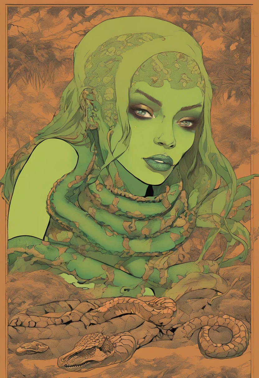 Medusa, comic panel, candid,((art style "Sean Gordon Murphy" comic drawing, splash panel)), snake skin dress, (background, pine barrens, entropy, rewilding, magic hour nautical twilight), body drawn in Frederic Delavier musculature anatomical illustration art style, (face, ornate black metal corpse paint, resembles Grace Jones), silhouette, full body portrait, (body, Naga, snakefolk, lower body snake tail, snake woman hybrid, bald, hairless, skeleton, snake skin tattoos, piercing eyes, snake pupils), craftsmanship nuance, full body portrait, (colors, forest green to earth brown, merge bleak muted deep fiery radiant glowing CMYK hues, (horror, abstract, surreal, body, cosmic), (art style Gerardo Zaffino charcoal), double exposure, optical illusion, nyctophobia, subliminal orchids, unfinished,