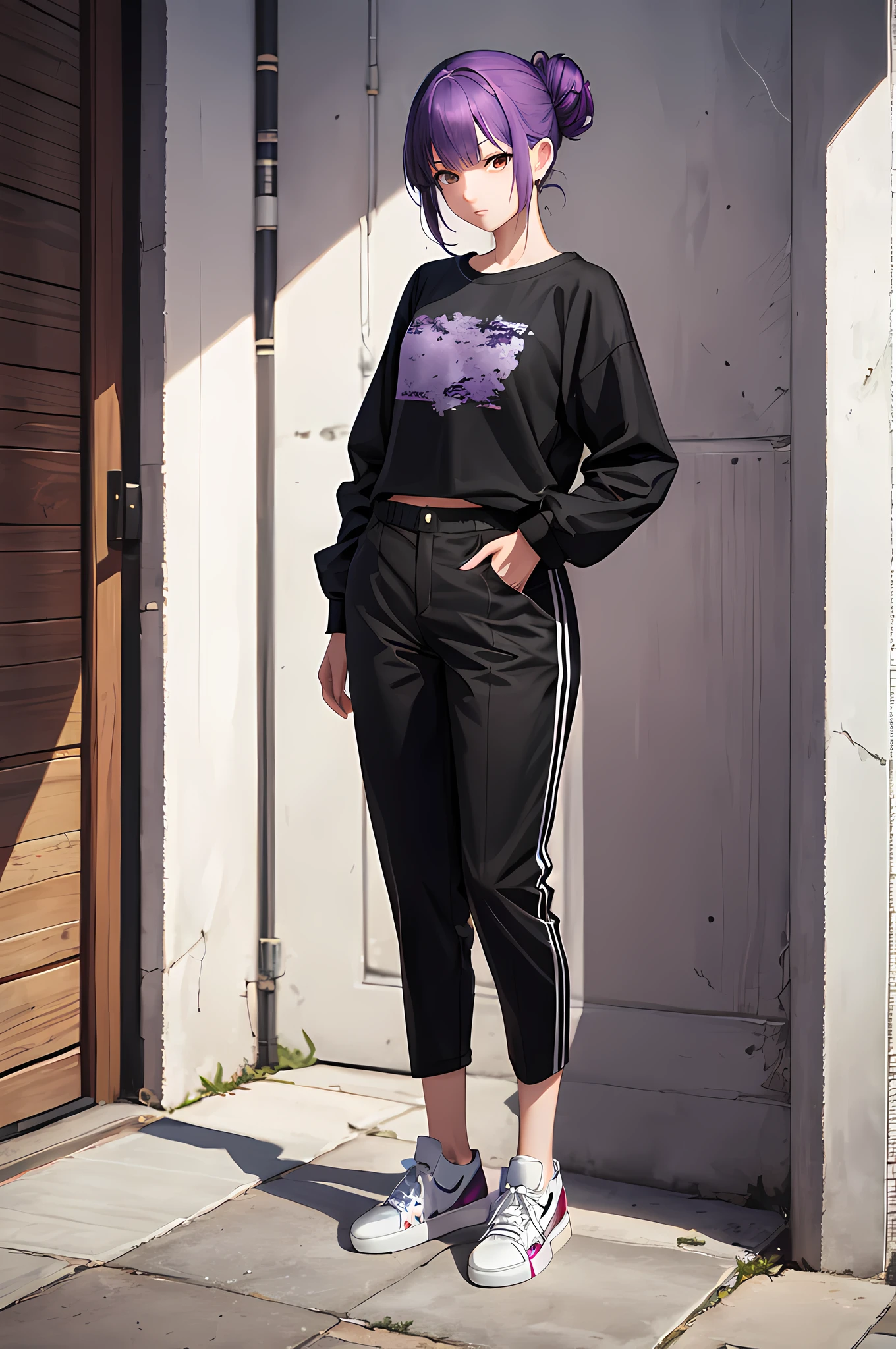 best quality,masterpiece,original,extremely detailed wallpaper,looking at viewer,1girl,solo, purple hair,updo,black shirt,long sleeves,mini pants,sneakers,standing,