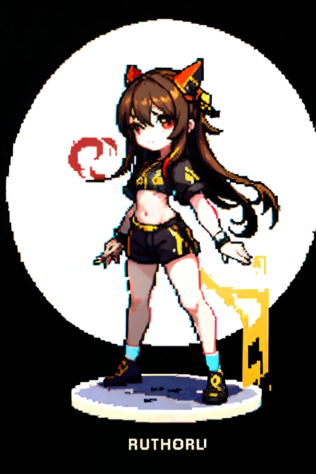(masterpiece, top quality, best quality), pixel,pixel art,1girl,full body, long brown hair, red eyes with yellow, black clothes with pc gamer