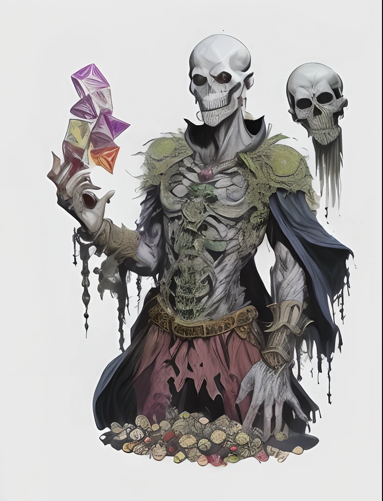 (finished masterpiece male necromancer using unholy magic),(surrounded by character design sketches:1.4),random poses,medieval fantasy,scribbles and marks,same face,white background,skinny,decrepit,dirty,ghoulish,tattered robes with metallic details,(metallic half mask:1.2),holding long metallic staff,magical aura,(skeleton:0.9),(zombie:0.9),