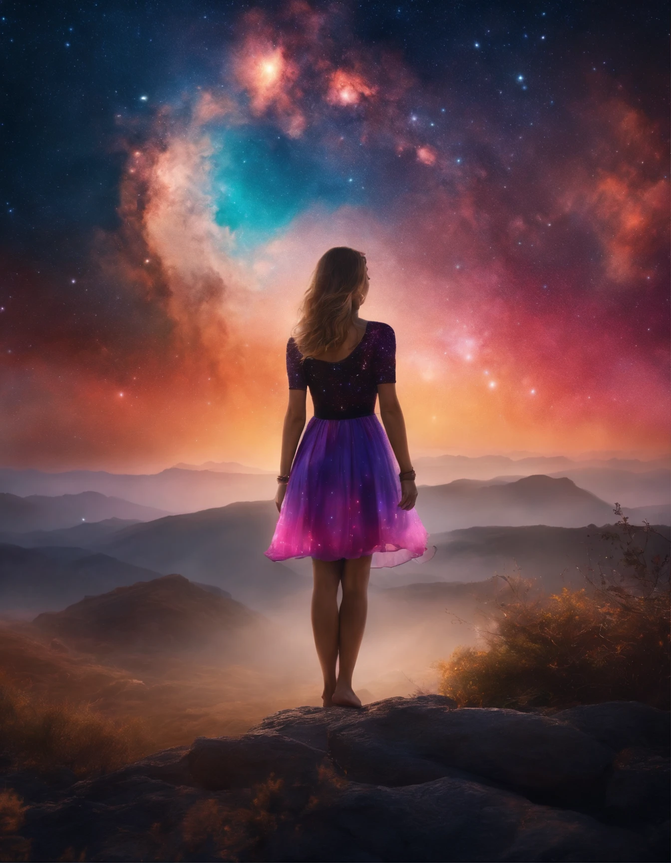 a galaxy landscape, with a girl levitating, short dress