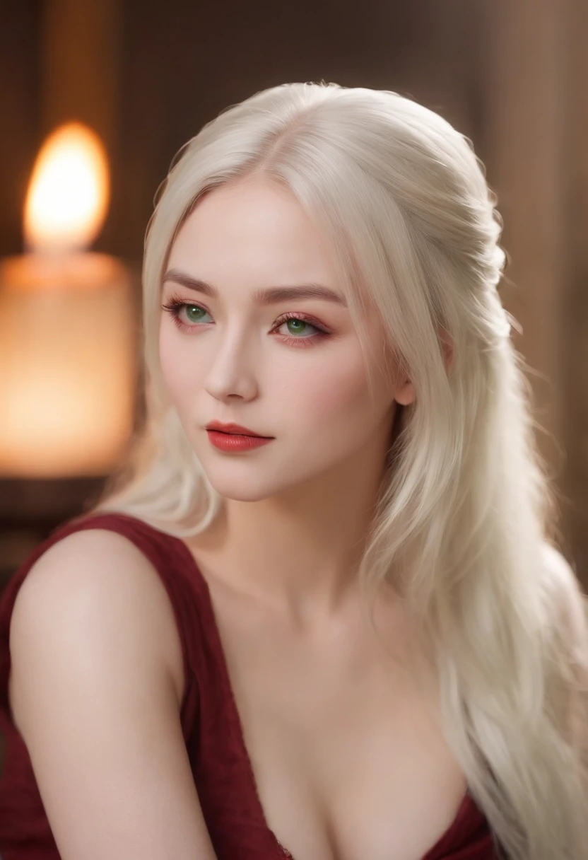 (((a deep reddish wound crosses her left cheek))) fair complexion, Tsunade around 19 years old, natural white hair, distinctive green eyes, wearing kohl, slender and graceful, beautiful, candlelight in a medieval setting, ultra sharp focus, realistic shot, medieval female clothes, tetradic colors (scar:1.4)