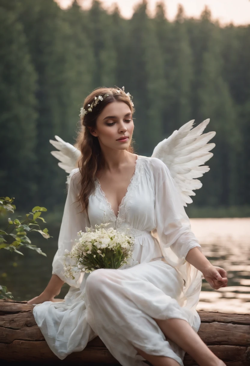 angel, full moon, calm lake, sitting on a log, holding flowers, white clothes, fireflies, cinematic, 4k