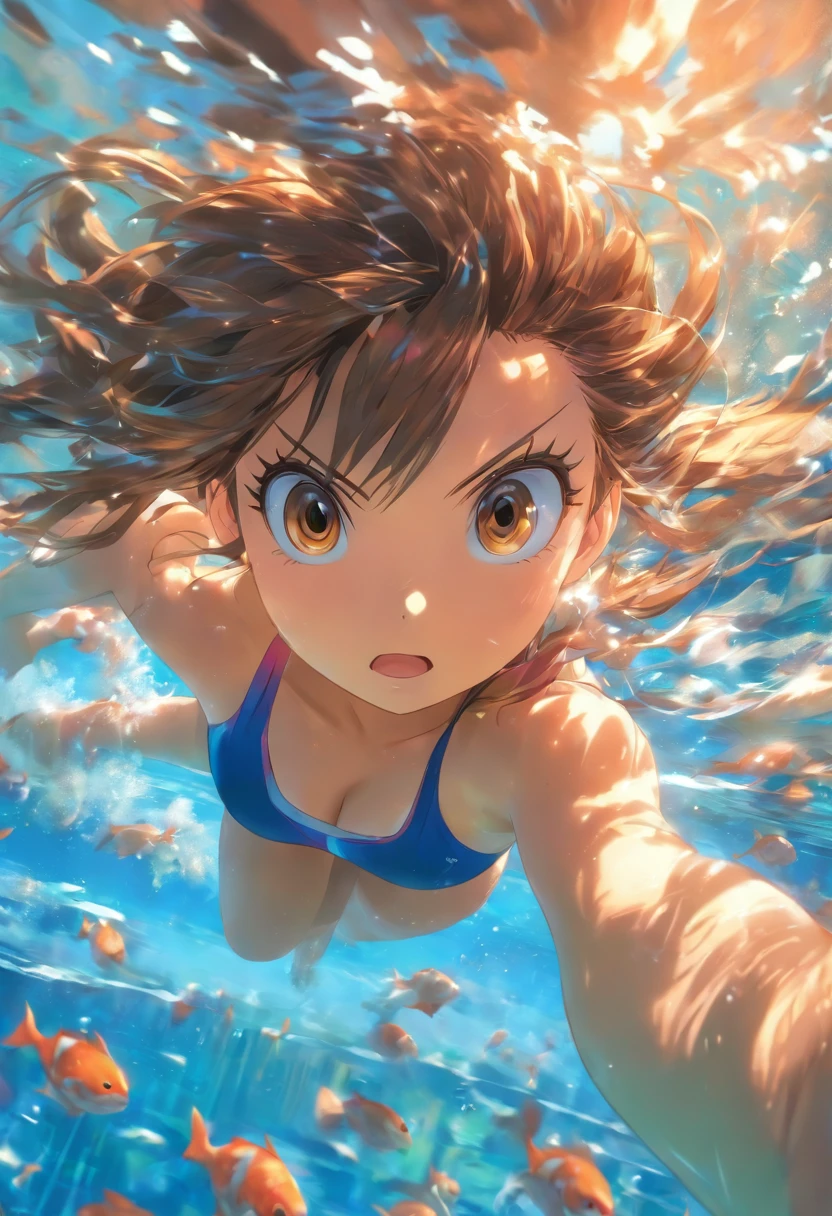 foreshortening,  profundidade de campo, master part, best quality, 1girl, brown hair, olhos castanhos,  cabelos longos, underwater, bolha de ar, sozinho, Olhando para o Viewer, school school swimsuit, swimming,  luz solar fraca,