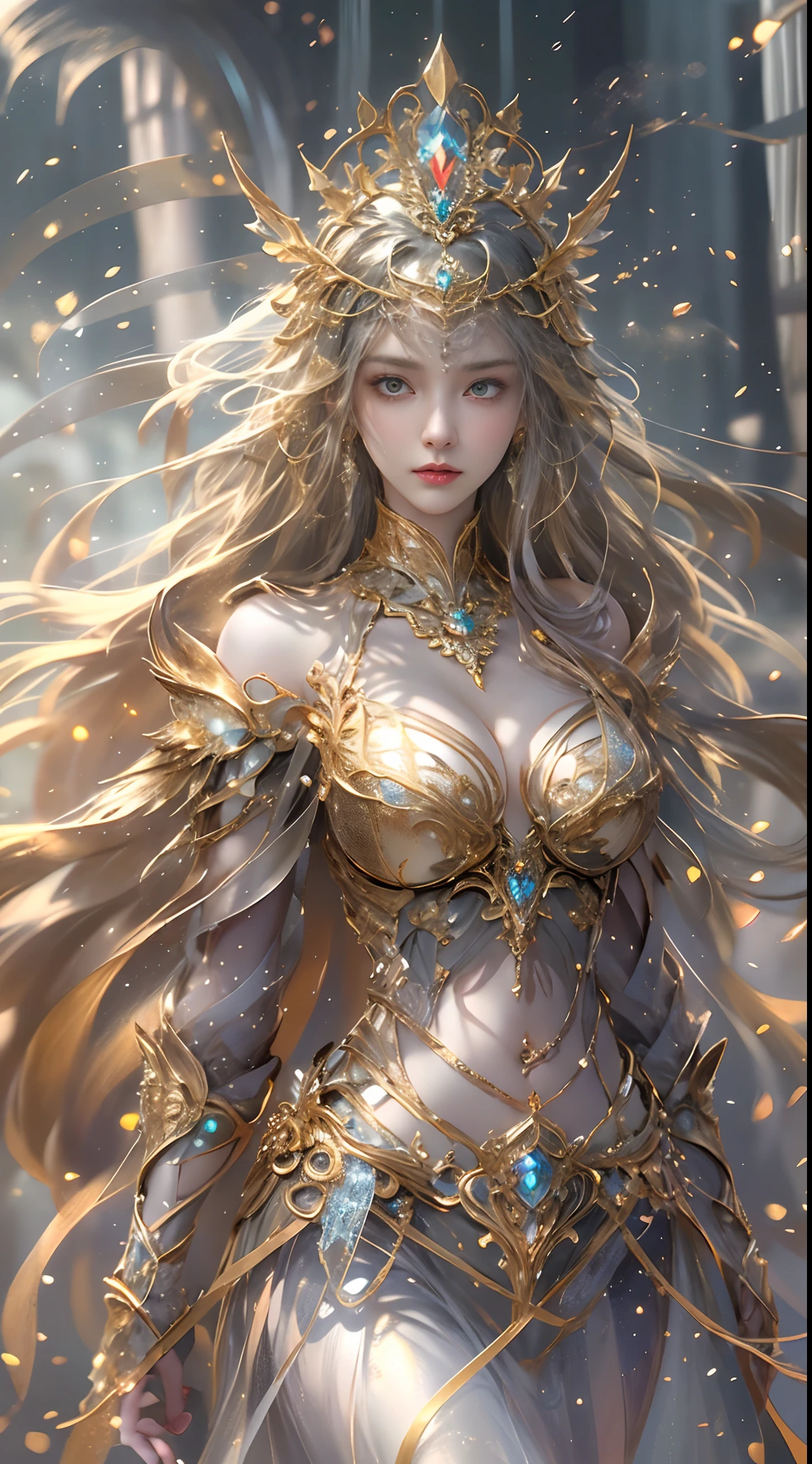 Woman in a golden transparent dress,view the viewer,(((Huge breasts, Large cleavage))),Slim waist,(navel baring,Bare waist), Long hair, Ultra-detailed details,High-end Zhenyi station, Rainstorm site, detailed fantasy art, Stunning character art, Beautiful and exquisite character art, Beautiful gold and silver armor, Extremely detailed, Girl in shiny armor, Exquisite tiaras and jewelry,Crystal jewelry filigree, milky ways, Stunning visuals, (dynamic streaks, light tracks:1.2), Vibrant colors,