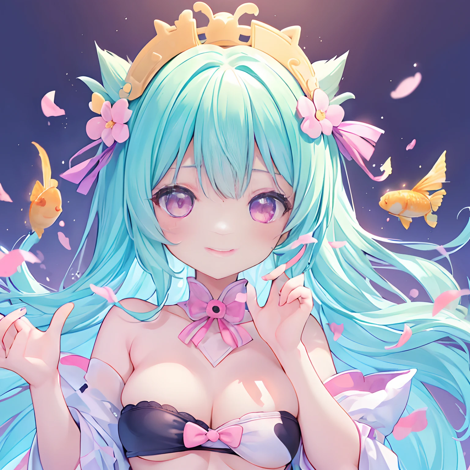 ((NSFW:1.2),masutepiece, (1girl in), Idol,Looks fun with a big smile， ((Close-up Face)), Big eyes, It seems that the eyes are shining、Kawaii Tech, kawaii, Cute, Pastel colors,Hair color is pastel、 (Best Quality),Mystical deep background of goldfish, Symmetrical, Head Tilted,The composition should exude sensuality and innocence、An ultra-high picture quality、Dynamic Angle