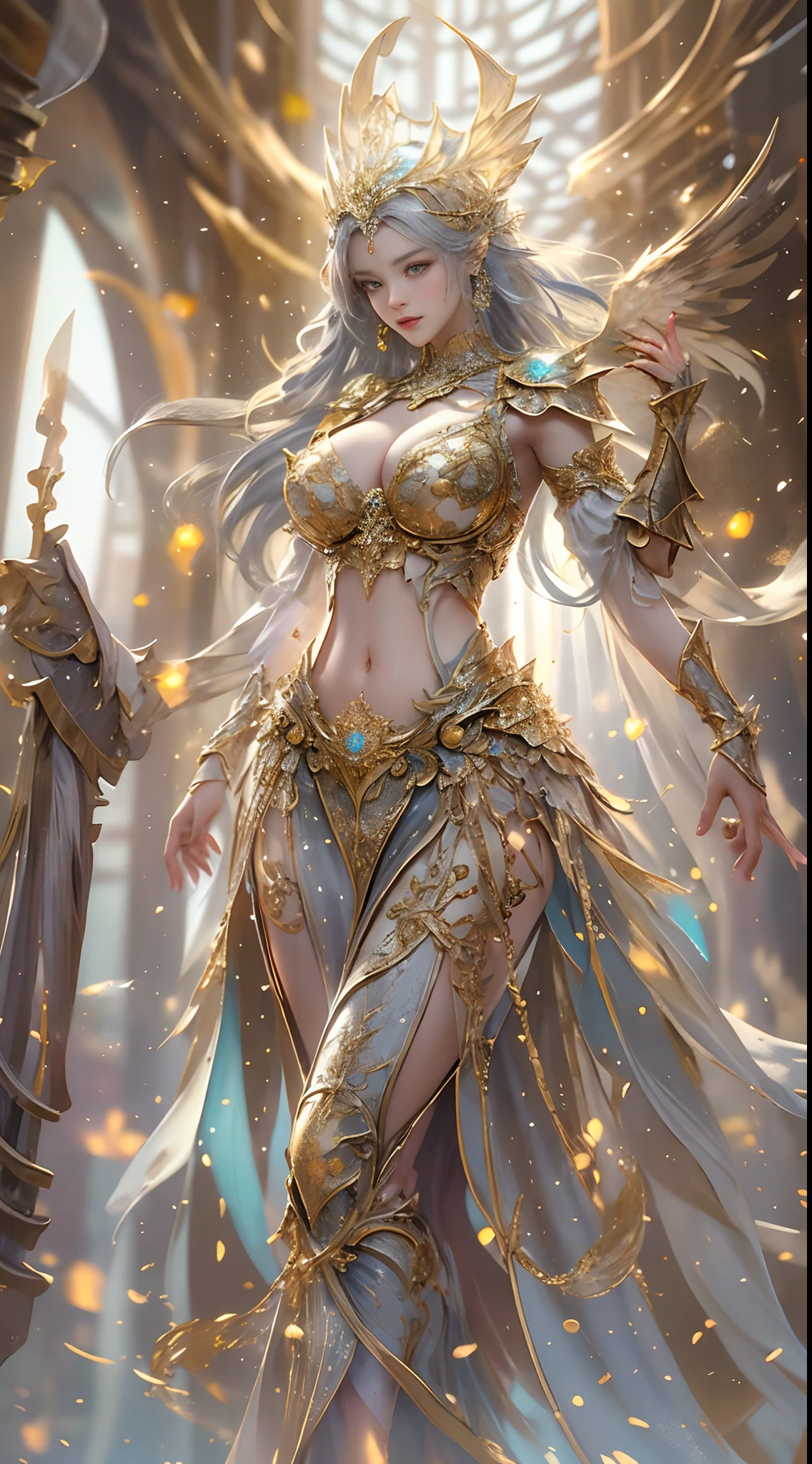 Woman in a golden transparent dress,view the viewer,(((Huge breasts, Large cleavage))),Slim waist,(navel baring,Bare waist), Long hair, Ultra-detailed details,High-end Zhenyi station, Rainstorm site, detailed fantasy art, Stunning character art, Beautiful and exquisite character art, Beautiful gold and silver armor, Extremely detailed, Girl in shiny armor, Exquisite tiaras and jewelry,Crystal jewelry filigree, milky ways, Stunning visuals, (dynamic streaks, light tracks:1.2), Vibrant colors,