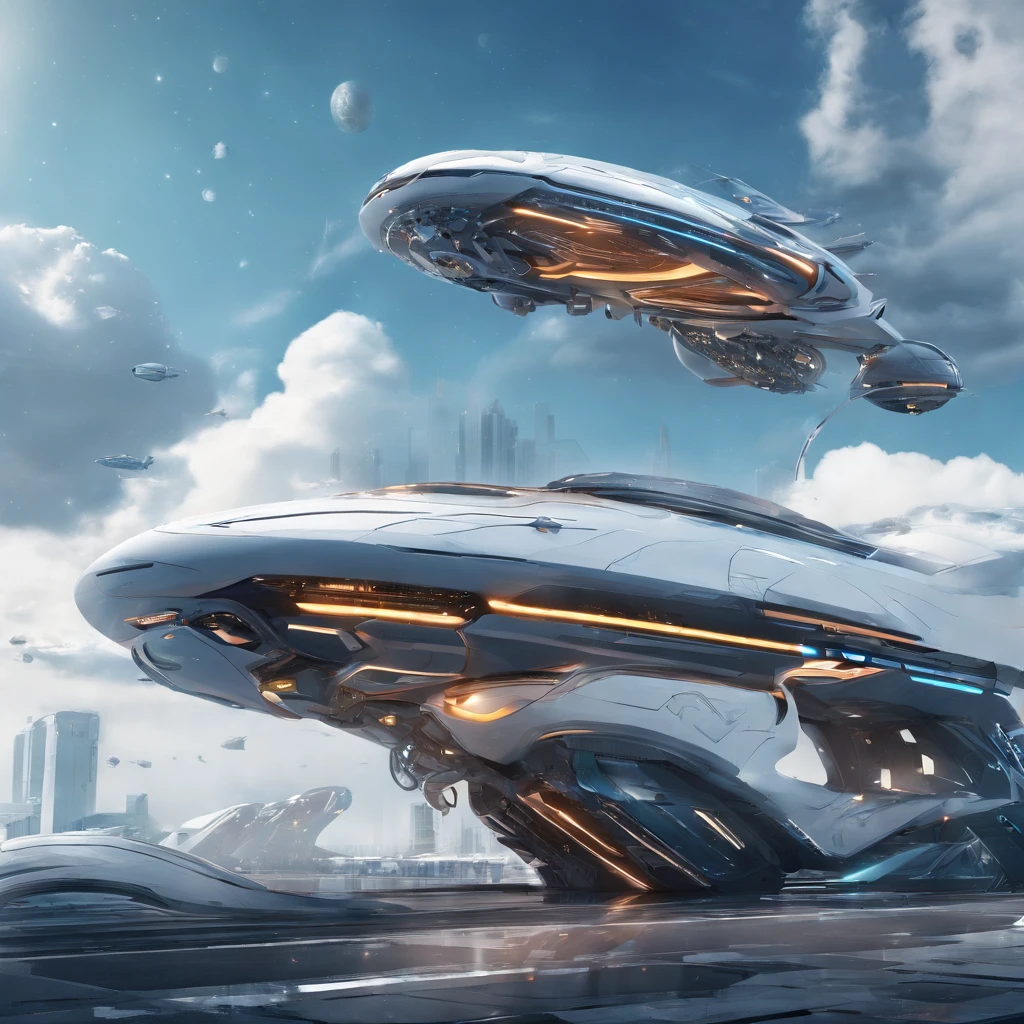 spacecraft with metal fish appearance, plastic, blindagem Liza. planos futurista fundo nave de guerra em forma futurista voando 4k