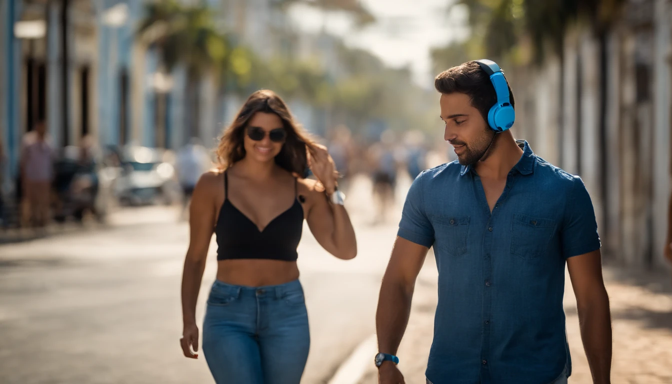 Estudante , brasileira, com smartphone e headset, Walking the streets of Fortaleza in jeans, camisa azul, tenis brtanco,