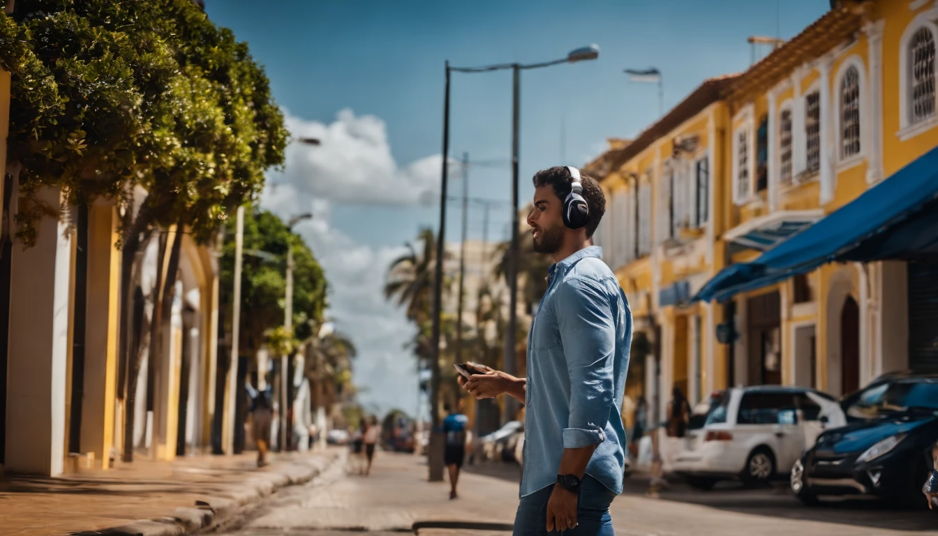 Estudante , brasileira,  com smartphone e headset, Walking the streets of Fortaleza in jeans, camisa azul, tenis brtanco,