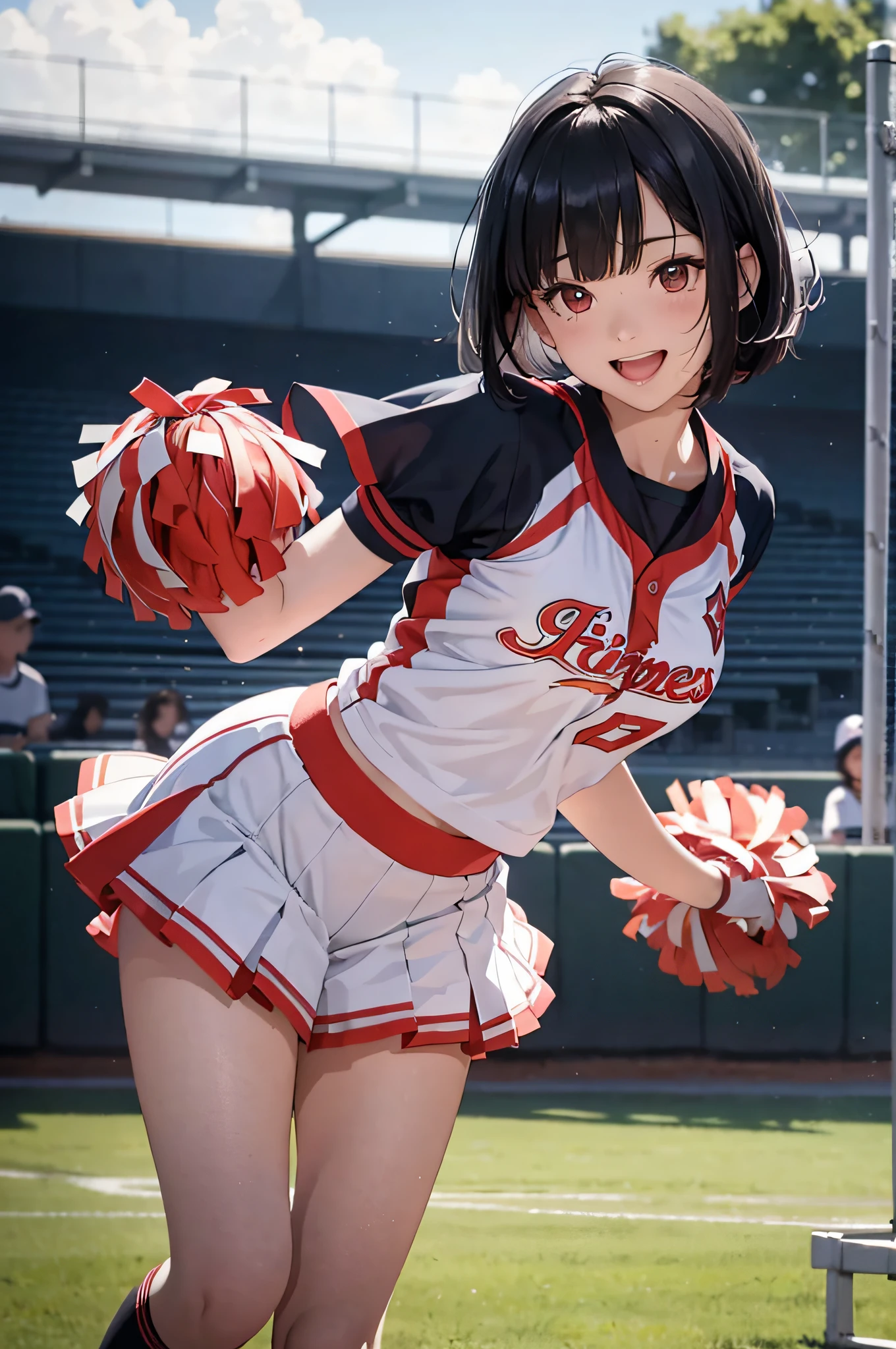 best quality, 1girl, masterpiece ultra detailed, illustration, yang guifei, glossy lips, blush, lips parted, (cheerleader), midriff, short hair, school field, twintails, standing, looking back at viewer