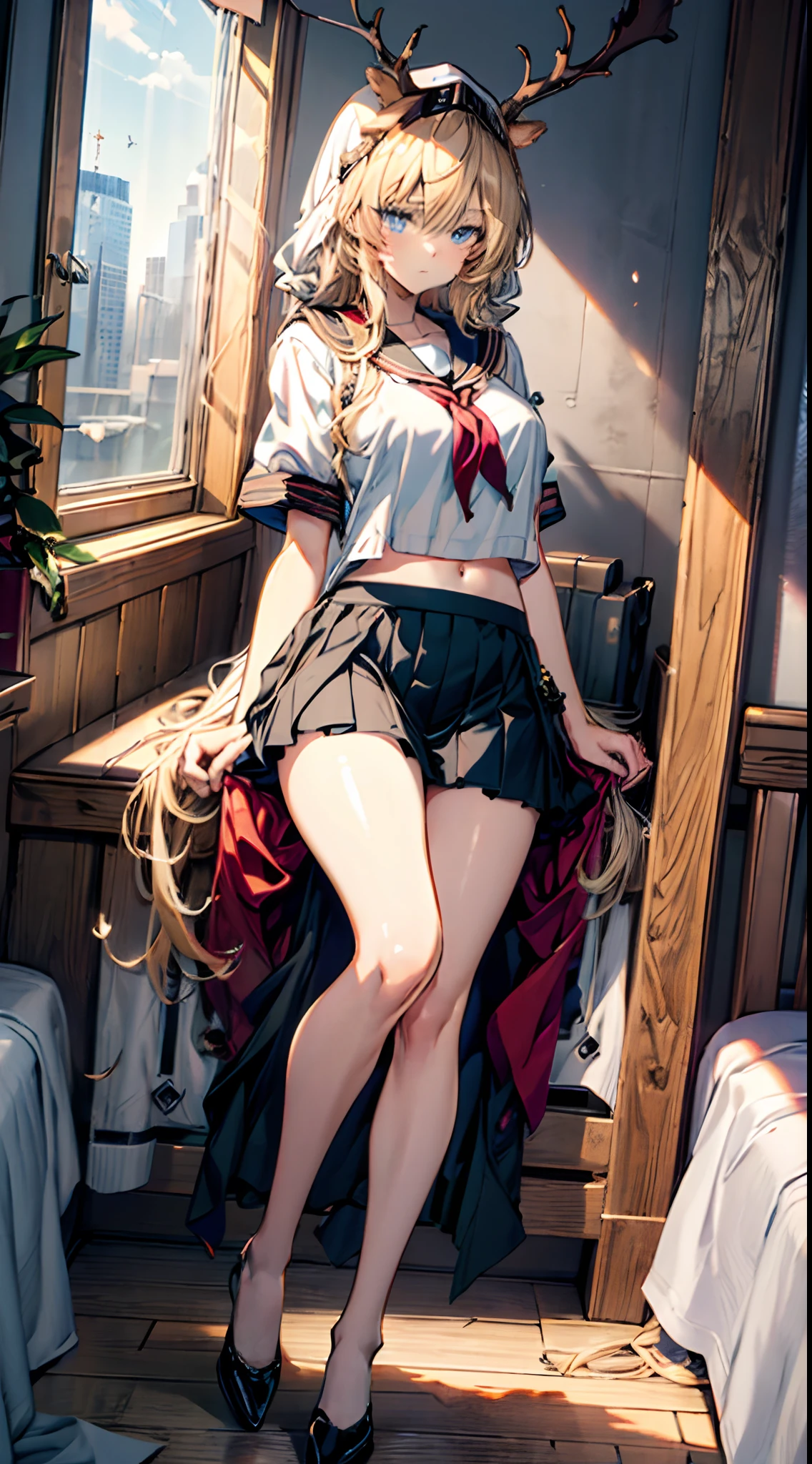 (((Masterpiece))),(incredibly_absurderes),(Best quality),(A high resolution),(Highly detailed),((CG unity 8k wallpaper)),(((super-fine))).Beautiful illustration、top-quality、 s、Bedroom、Golden hair、long whitr hair、(((pleatedskirt)))、(((a sailor suit)))、short- sleeved、a navel、Pull up the skirt,Bare legged、eBlue eyes、on top of the bed、Lovely thighs、glowing thigh