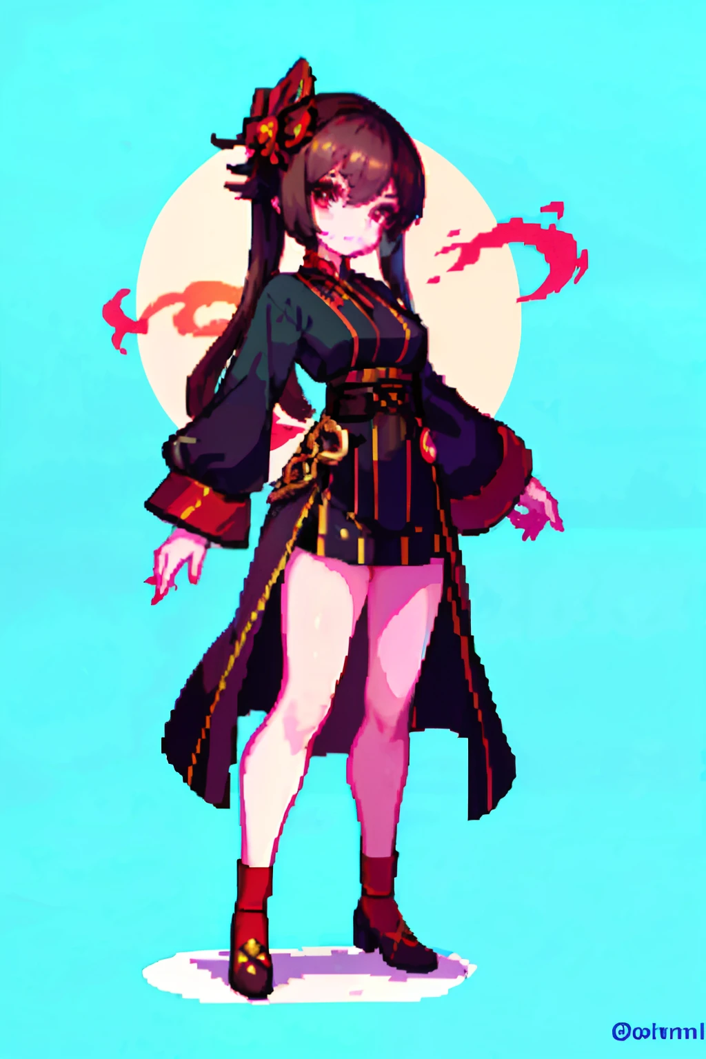 (masterpiece, top quality, best quality), pixel,pixel art,1girl,full body, long brown hair, red eyes with yellow, black clothes, clothes sexy