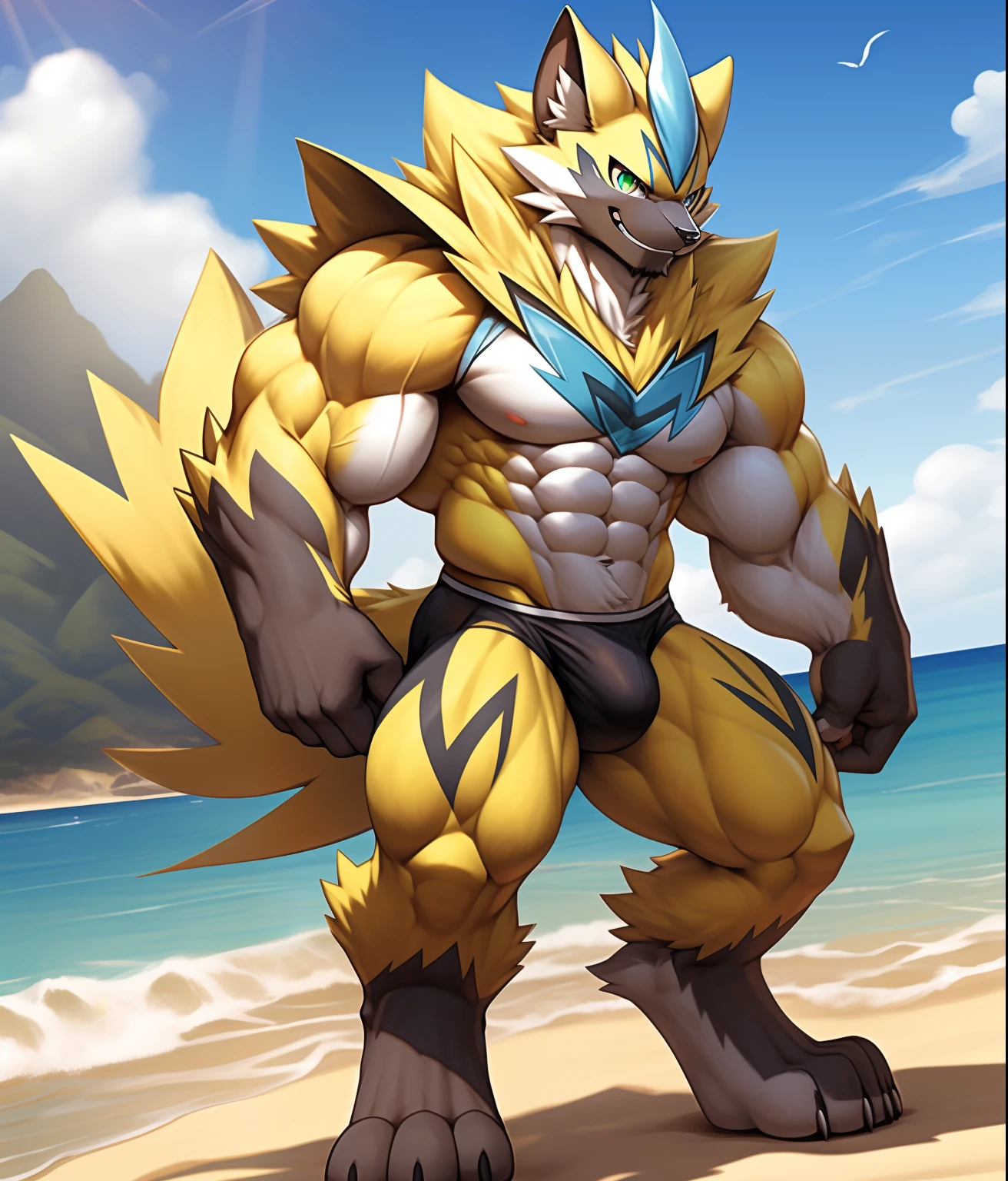 nj5furry, (Zeraora, massive, huge), Zeraora, ((extremely realistic shadows, masterpiece, extremely detailed, photorealistic)), kemono, Zeraora, ((detailed face)) green eyes, ((detailed eyes)), mischievous smile, scales, wears a a tiny thong revealing huge muscular thighs; bulge in the crotch, beach, day, sun rays, sun, clouds, Height 2 meters high, the optimal height, tight clothing, body full of muscles; muscle pecs, ripped abs, V-shaped body, thick waist, long legs, strong arms manly, handsome face, attractive cool calm face type with a cold smile, bodybuilder body, topless.