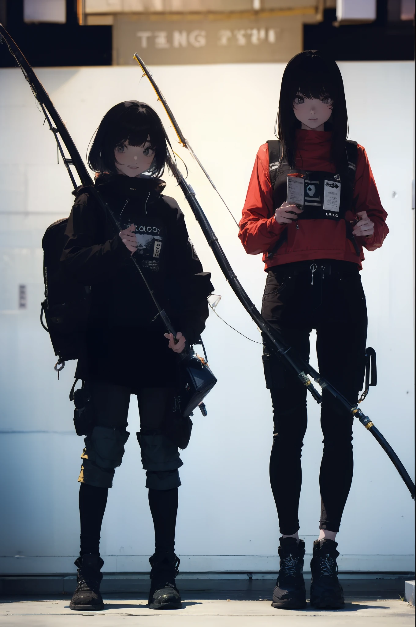((((Have a fishing rod with a reel:1.5)))),((Female 28 years old)),((Best Quality:1.5)),(((Hands with the correct number and structure of fingers:1.4))),((Lakeside:1.37)),hight resolution,ultra-detailliert,​masterpiece,best qualtiy,(Eight-headed body),(1 fishing rod,Holding a fishing rod in your hand,Fishing lure rod,Fishing Reel,with long sleeve hood,Outdoor Vest,parka,Long pants for fishing,Big backpack),thin and long legs,Beautiful hip line,Beautiful spine,constricted back,Toned waist,beutiful breast),(Fine fingers、Ratio 4 fingers and 1 thumb、detailed arms、detailed human hands),Gentle smile,shiny lip,(1 fishing rod,Straight stretch fishing rod,Long fishing rod,Woman fishing with fishing rod in hand),Black hair, long eyeslashes, Solid Circle Eyes, drop shadow, Atmospheric perspective,Super Detail, ccurate, small brest,(Black jacket and black jeans :1.1),top-quality, blurry backround, bokeh dof:1.2, (​masterpiece:1.3),  Atmospheric perspective,Super Detail,dynamic compositions, Ultra High Quality,