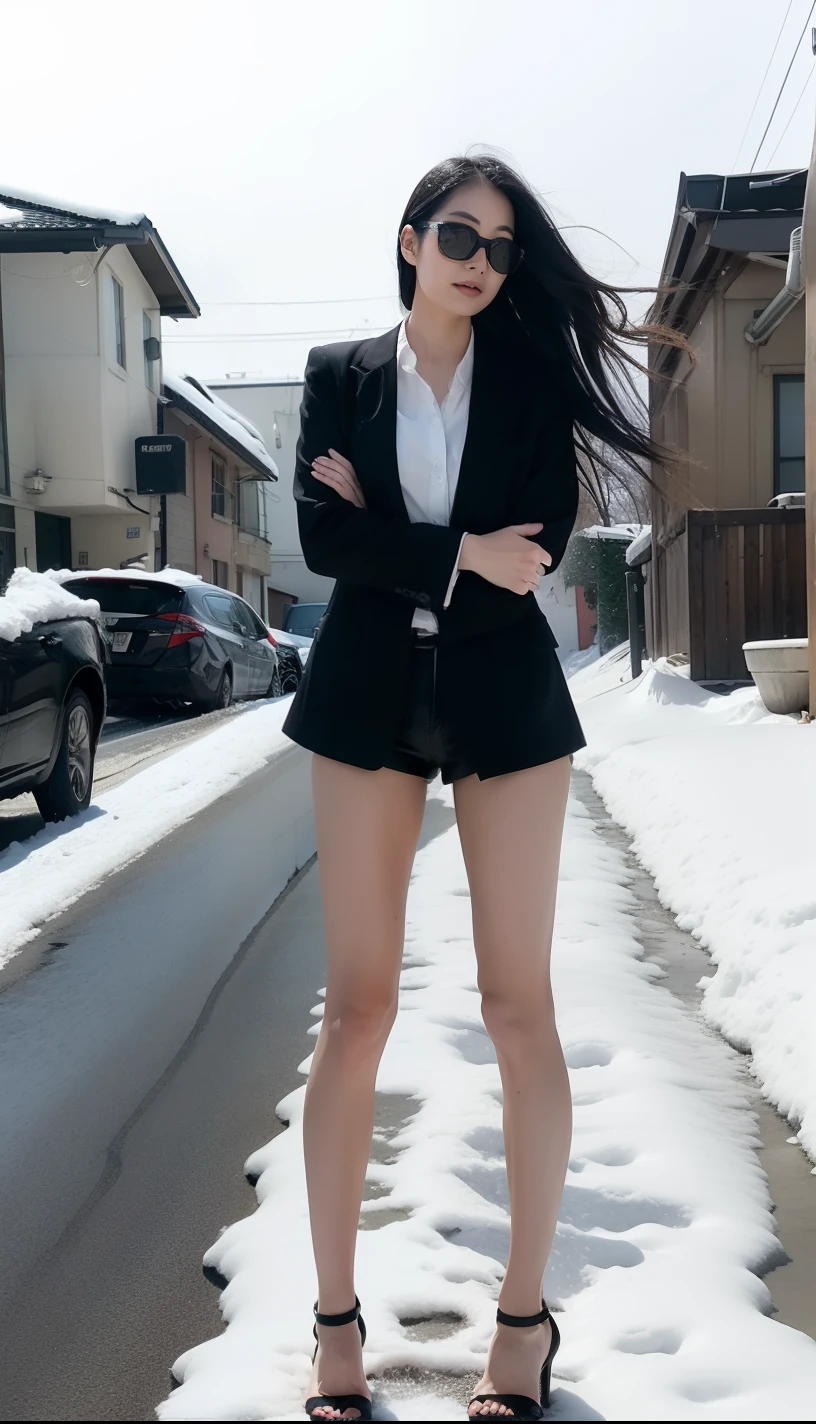 A Japanese Lady、beauitful face、Long Black Hair、Black sunglasses、black suits、Black Micro Shorts、Black heels、beauty legs、Raw feet、tall、long legged、Clean thighs、arms in arms、Oyuki、snow blowing、snow cover、blizzard、heavy wind、Wind-tousled hair