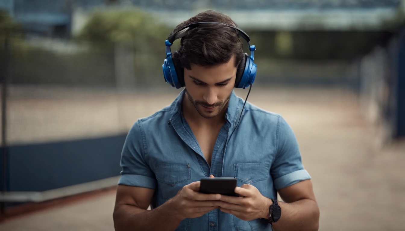 estudante , Brasileira,  com smartphone e headset, Andando pelas ruas de Fortaleza de jeans, camisa azul, British Tennis,