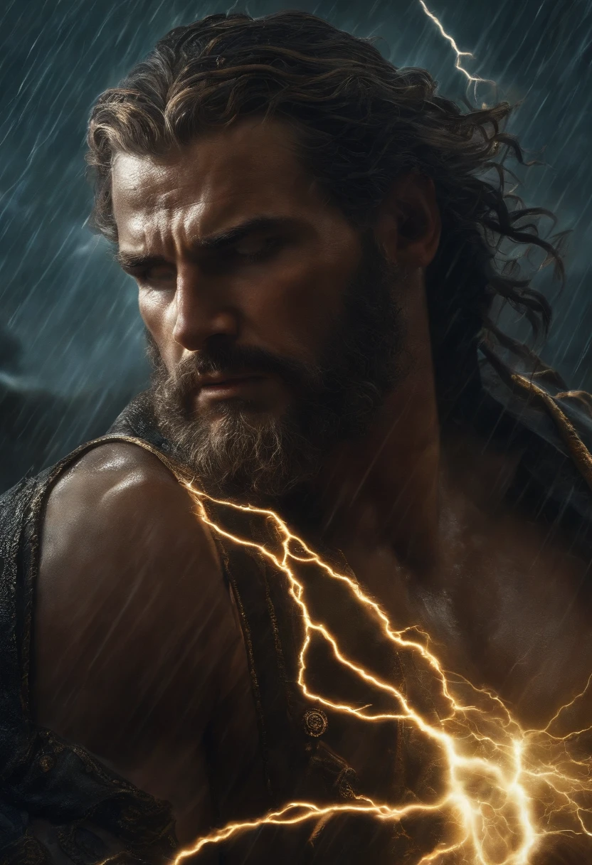 "zeus holding medusa's head in his arms, intense rain with lightning and thunder, piercing rays emanating from his eyes, hate-filled expression"