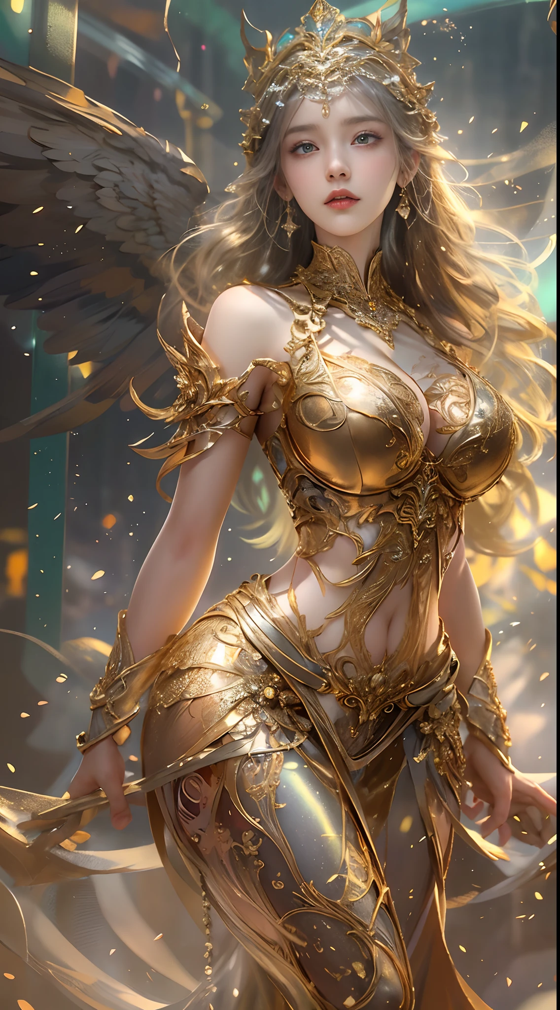 Woman in a golden transparent dress,view the viewer,(((Huge breasts, Large cleavage))),Slim waist,(navel baring,Bare waist), Long hair, Ultra-detailed details,High-end Zhenyi station, Rainstorm site, detailed fantasy art, Stunning character art, Beautiful and exquisite character art, Beautiful gold and silver armor, Extremely detailed, Girl in shiny armor, Exquisite tiaras and jewelry,Crystal jewelry filigree, milky ways, Stunning visuals, (dynamic streaks, light tracks:1.2), Vibrant colors,