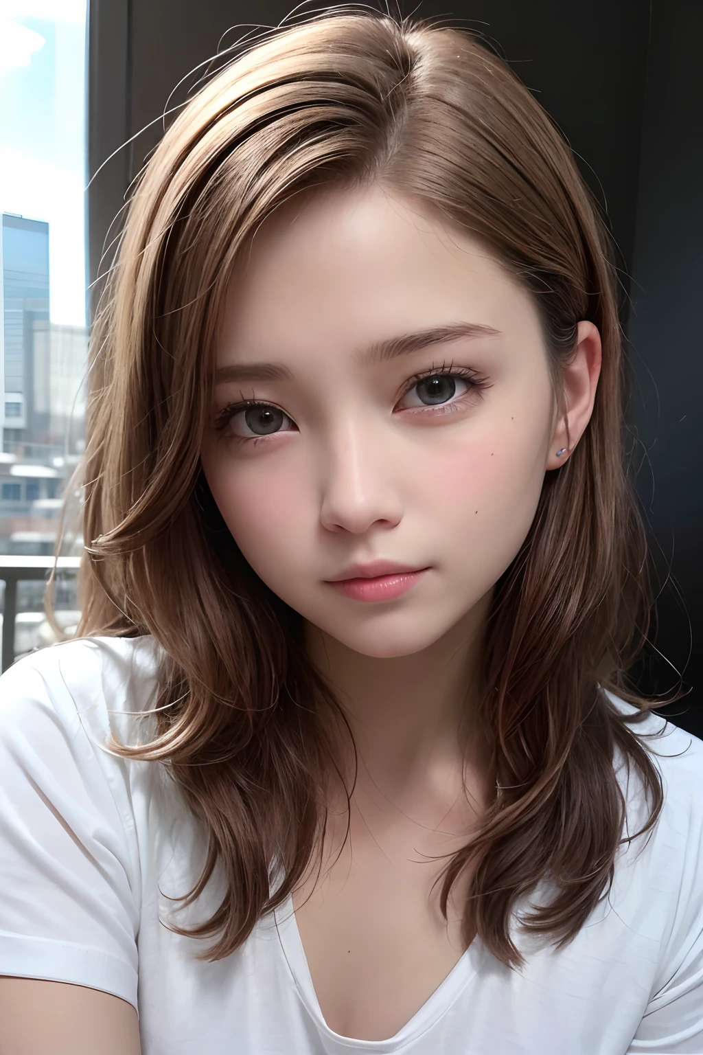 ​masterpiece, top-quality, in 8K, absurderes, (The upper part of the body), whiteshirt, beautiful a girl, Clean face, looking at the viewers, A smile, A hyper-realistic, hight resolution, foco nítido, nffsw, face lights, Dynamic lighting, Movie Lighting, Professional Shadows, beautiful cityscape background, highestdetailed, ighly detailed, ultra-detailliert, finely detail, authentic skin, Delicate facial features, Detailed face and eyes, Sharp pupils, Realistic pupils