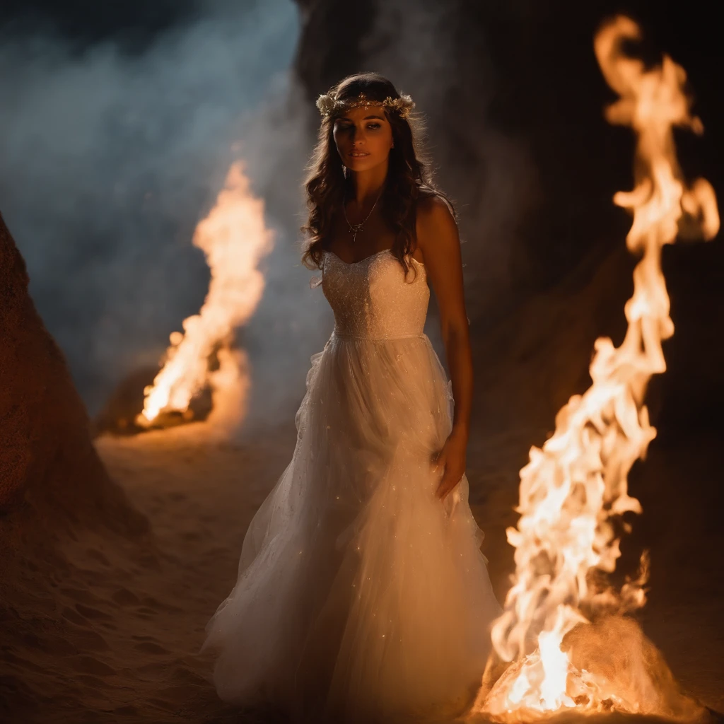 (best quality, master part), (1girl, sozinho,vestido marrom, expression face, Desviando o olhar, sentado, mangas largas, olhos negros, boca fechada, Ribbon-shaped fire on the head, cabelos longos, cowboy shot), (monocromatic, Night sky at cave entrance , luz subindo do fundo, dentro da Caverna, bright floating group of white particles, Burning fire at hand, Floating many small fires),