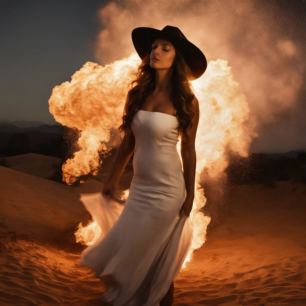 (best quality, master part),  (1girl, sozinho,vestido marrom, expression face, Desviando o olhar, sentado, mangas largas, olhos negros, boca fechada, Ribbon-shaped fire on the head, cabelos longos, cowboy shot), (monocromatic, Night sky at cave entrance , luz subindo do fundo, dentro da Caverna, bright floating group of white particles, Burning fire at hand, Floating many small fires),