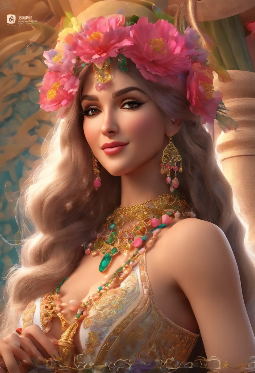 nude belly dancer, jasmine, hyper realistic, full body shot, huge breasts tits boobs bust jugs, smile, (wide hips:1.3), narrow waist, open mouth, green eyes, jewelry, very long lush curly shiny hairstyle, flower, earrings, necklace, off shoulder, bracelet, golden see-through mini bikini, white flower, gem, holding flower, arabian high detailed skin, oversaturated, colorfully details, arabian nights, bent over , grabbing ankels, looking at viewer, seductivly, 8k hyperrealistic