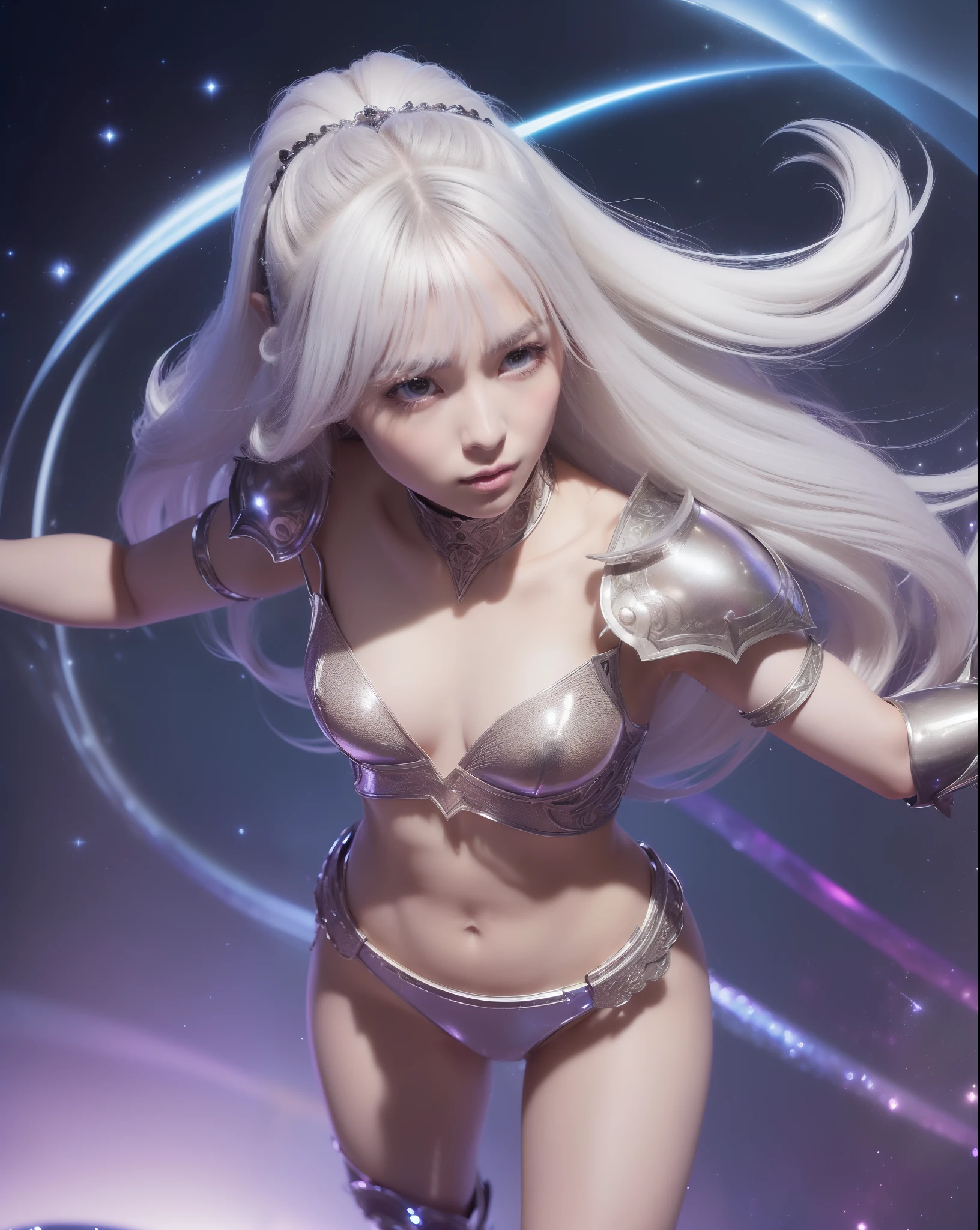 An ultra-high picture quality、(((full body Esbian)))、(((action scene)))、(((combat pose)))、It's a very dark Milky Way、(((colourfull)))、muitoリアルHuman texture、 17 age、((Very cute beautiful Prague slim girl))、((Skin of 17-year-old Caucasian girl with veins showing through))、(((Under the short nose)))、(((no-makeup)))、(((stature:180cm、Head length:20 cm、Leg length:90 cm)))、(((well-muscled)))、Normal shoulder width、(((((Long arms)))))、long subumbilical、((thick and long torso))、Long below the knee、Thin thighs、(((a small face)))、(((small head)))、Natural double eyelids、 (1girl in:1.3), Light persona, Dark Persona, mind control, fractral, ceiling, Artistic background, Geometric, organics, blessings, favor, noble, unfolded, elucidation, Anti-gravity, Antimatter, holy, Sacred, spiritual, Dignified, Luminescent, Holographic, magic cirlcle, photons, scales, Beak,artistic、(((Fanciful))) ,((( brightly colored eyebrows))),(((Ultra high resolution pale silver hair and silky thin shiny eyebrows)))、Ultra-luxury packed with luxury accessories、(((((Very heavy and elaborate armor of very shining reflective iron)))))、(((Very elaborate articulated armor)))、(((Very elaborate weapons)))、(((Hair and skin with pores,)))、(((Extremely delicate and brightly colored targets)))、(((Beautiful glowing caucasian woman with bright iris iris eye with ultra high definition pattern)))、I love you,(((Small drooping eyes with a gentle feeling)))、(((very thin eyelashes)))、(((Realistic naked eye)))、High Definition Lip、A Princess、(((Dreams)))、(((Your imagination)))、(Fluffy High Half Twin Tail Hair)、Luxurious Princess Tiara、Luxury Princess Necklace、(((Looking at the camera)))、(((A gaze to look here)))、(((With movement)))、(((valkyrie)))、Navel in a high position、((The sword))、(((magia)))、(((magic circles)))、Innovative configuration、((Time Gate))、Knights、(((Perfectly accurate universe)))、(((Full body armor)))、(((full armor)))、(((Longsword)))、(((fighting spirit)))、(((a navel)))、(((Hard Steel Bikini Armor)))、(((loimu)))、