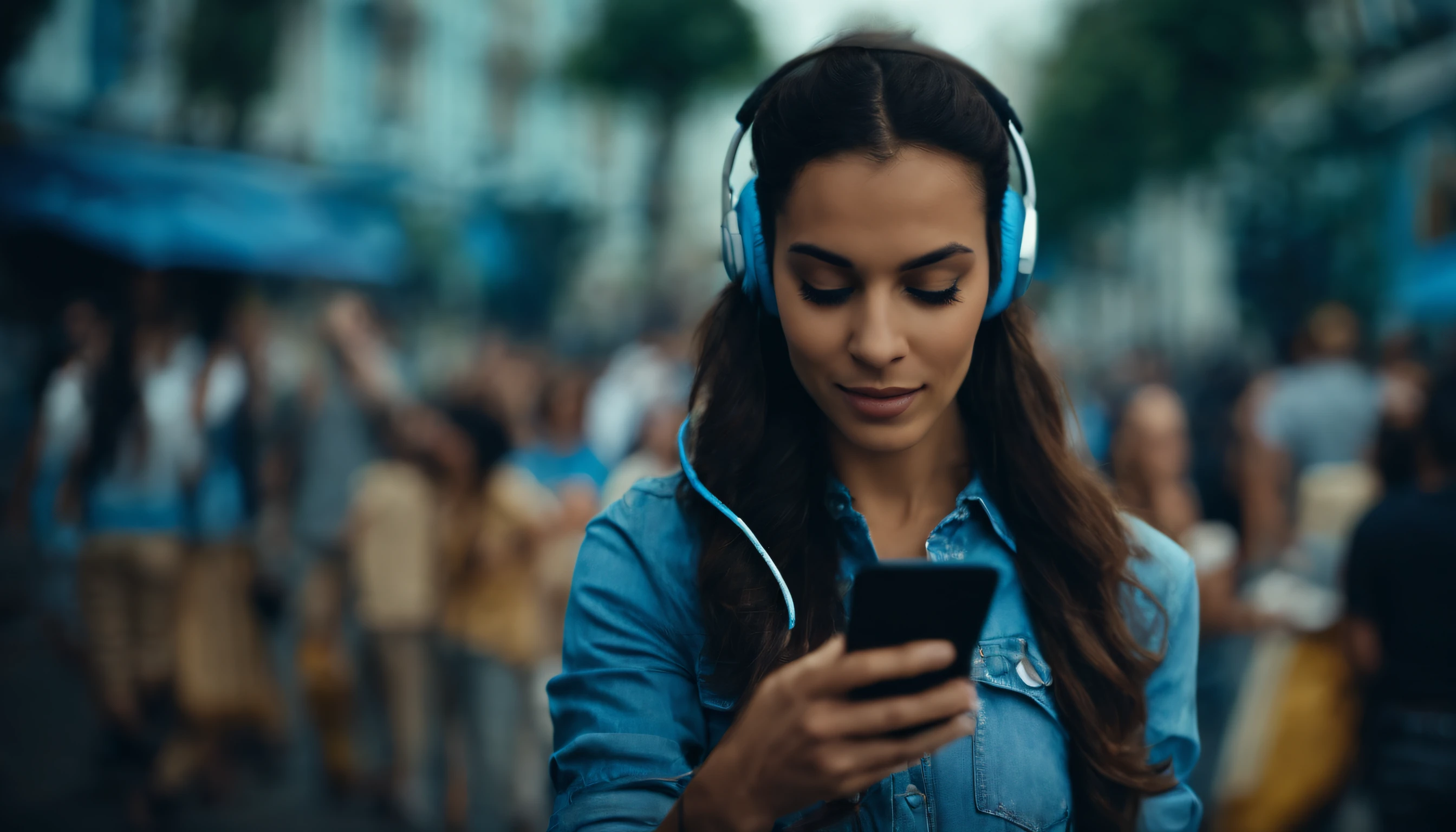 estudante , Brasileira, com smartphone e headset, Andando pelas ruas de Fortaleza de jeans, camisa azul, British Tennis,