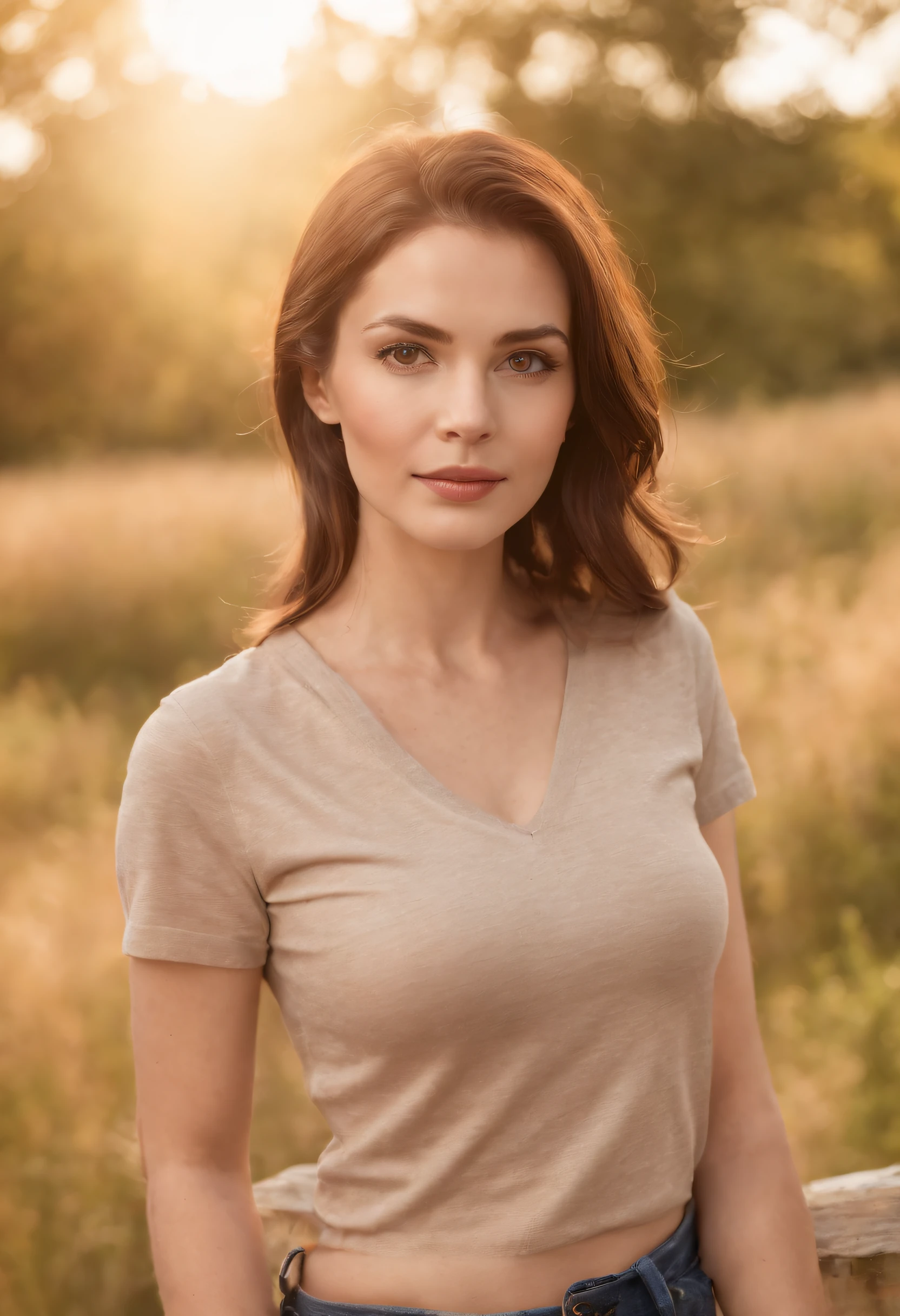 masutepiece, Beautiful Swedish woman, ((Marilyn Monroe:Ingrid Bergman:0.5)), (Tight V-neck t-shirt and low-rise jeans), (medium breasts), (Perfect body), (short brown hair), Outside, (Skin Texture:1.1), Best Quality, 超A high resolution, Raw photo, Nikon D850, Backlight, Rim Lights, Bright sunlight, Film grain:1.2, (warm hue, warm tone:1.2), (Color Photo)