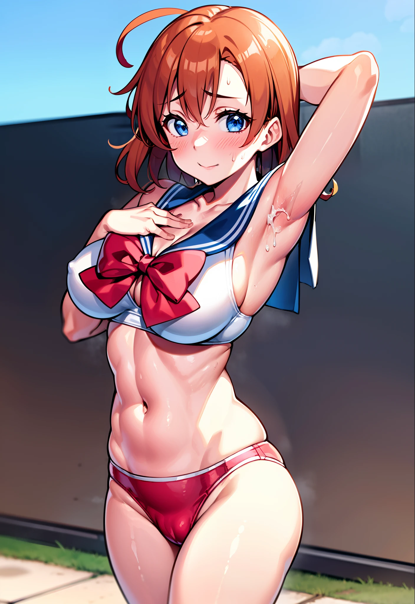 Kousaka honoka, blue eyes, sailor moon lingerie, heavy breathing,red face,blunt hair,curvy body, standing, cowboy shot , foreground, tokyo street, japan , exposed armpits, exposed groin, exposed inguinal, exposed pubis, cleavage, sweaty, sweating, ahoge, Blushing,cum on body, cum on breasts,(cum on thighs:1.3)