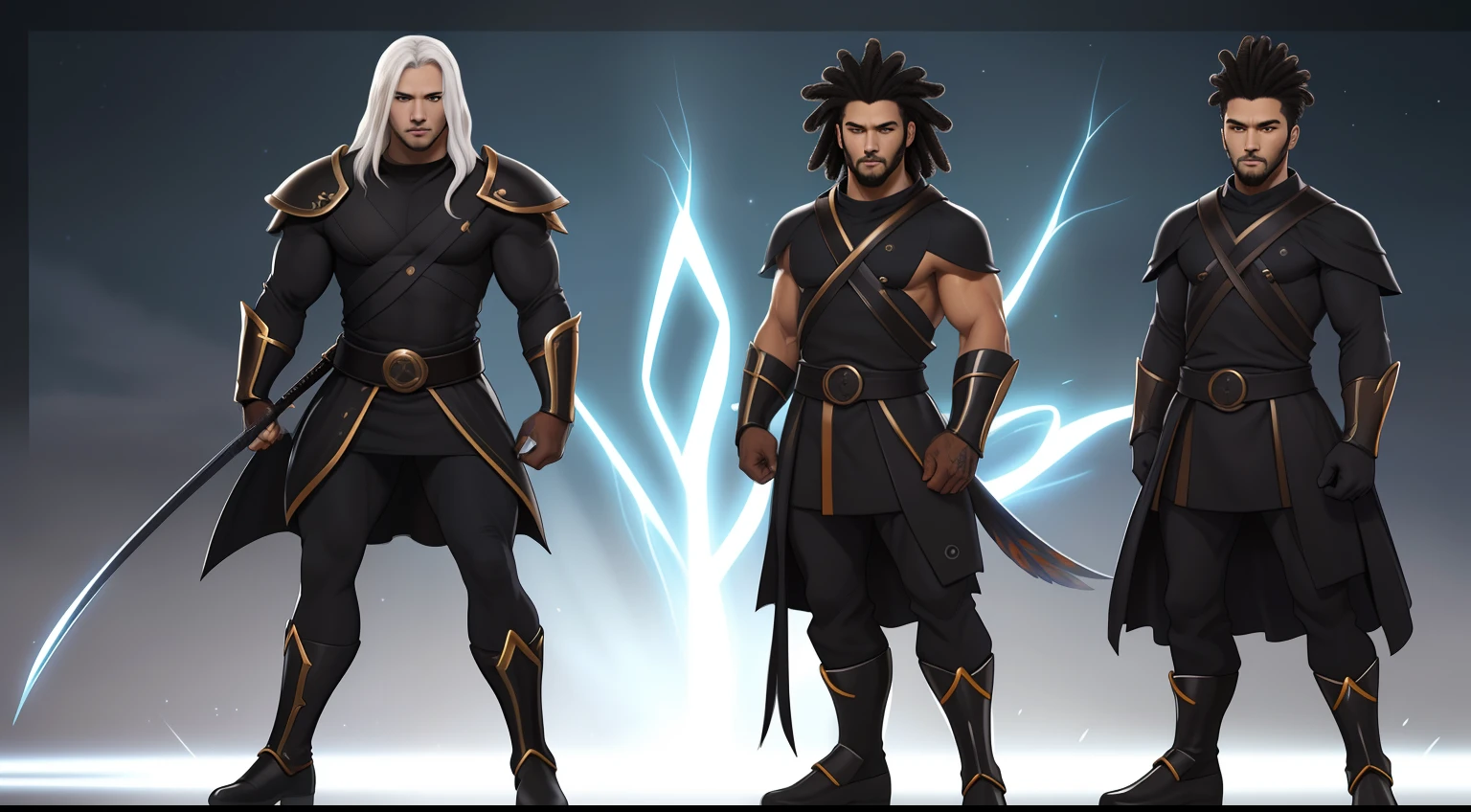Create an image of a black ninja after an apocalypse in the future, afro cabelo caindo para frente, Rasta type but braided, corpo inteiro, wearing an Indian costume African ribulo full body, A realistic 4K phoenix with blue orange feathers, dourado, cosmico , with a serious expression and looking forward, corpo inteiro.olhos firmes, olhando para frente, lightning in the sky, arms extended, olhando para frente, parado no topo de uma montanha, manto e capa vermelhos, cruz brilhante no ar ,Arte Luz Neon, no escuro da noite, Um  alto navega pelos mares iluminados pela ,..lua, estrelas, Colouring, circunstanciado, 4k  ((Estilo Art Vista de Corpo Inteiro, plano completo, vista frontal, Vista lateral, vista traseira, de personagem, Multiple views and poses, various points of view, um personagem, corpo inteiro, personagem com menos, estilo de roupa, no mesmo Estilo de cabelo, less Type of footwear, forte )):: ((whole body view, plano completo, vista frontal, vista traseira, design de personagem, Multiple views and poses, various points of view, de um personagem, corpo inteiro,, personagem com menos, estilo de roupa, no mesmo Estilo de cabelo, less Type of footwear))