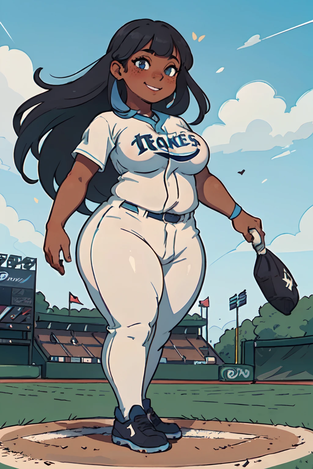 (1girl: 1.9), ((solo)), (dark skinned:1.8), goblin_girl, (azure_blue_hair: 1.8), very long hair, wide body, (small stature:1.8), (huge breast:1.7), hair between eyes, wide hips, blue eyes, wide legs, mole, mole on chest, age up, lips, big lips, big noise, thick eyebrows, (chubby:1.8), freckles, smile, (baseball player: 1.8), (baseball uniform: 1.5), baseball field, profile view, looking at the viewer