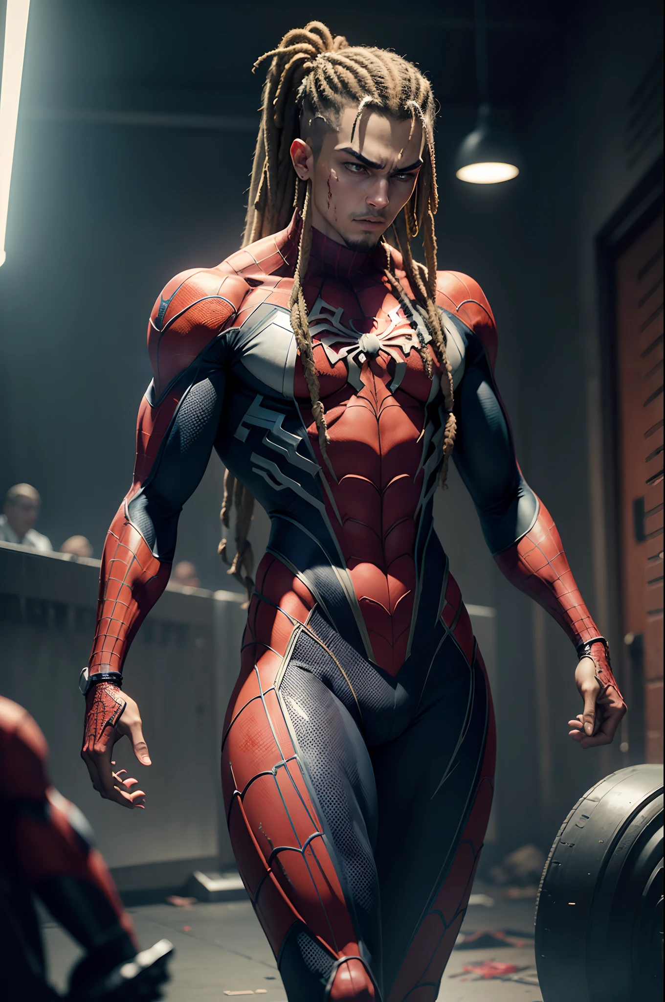 Killer Spider-Man (The whole suit is covered in blood, torn suit pieces) da Marvel, with intricate and angular cybernetic implants inside a brutalist building, Gothic brutalist cathedral, Cyberpunk, Foto premiada, Bokeh, neon lights, Membro 4K Cyber cor verde, (anatomia perfeita), (Corpo esportivo), (seios grandes), (coxas grossas), (perfect arms), (agasalho esportivo ), pulseiras pontiagudas, Olhando para um espectador, (Medium full-frame photography), (Antecedentes da arena de batalha), (Dreadlocks brancos