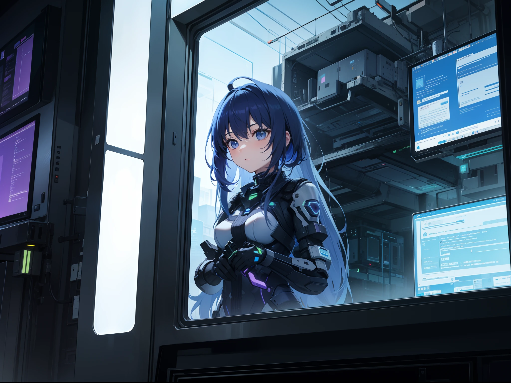 Through the window, she sees a futuristic, dystopian city created in shades of blue, violet and green. cybersecurity student girl. a girl programming