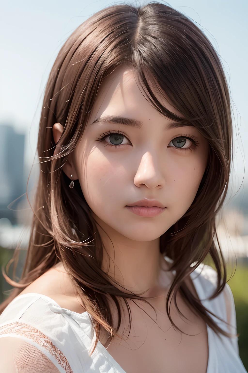 A close up of a woman with long hair and a white top - SeaArt AI