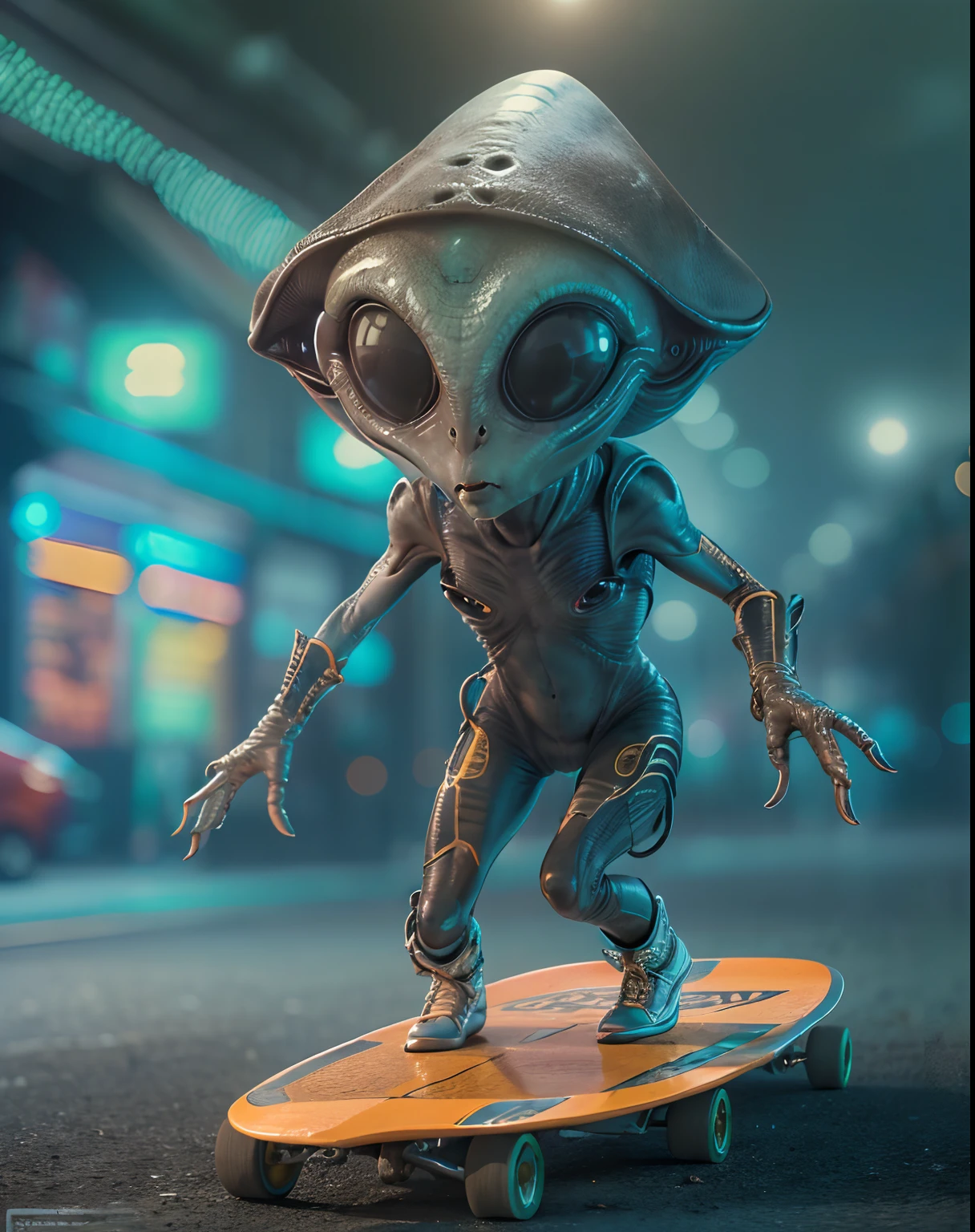 (an alien with a big head:1.4), wearing street wear, skateboarding, extraterrestrial, (best quality, 4k, highres, masterpiece:1.2), ultra-detailed, HDR, professional, vivid colors, sci-fi style, vibrant lighting