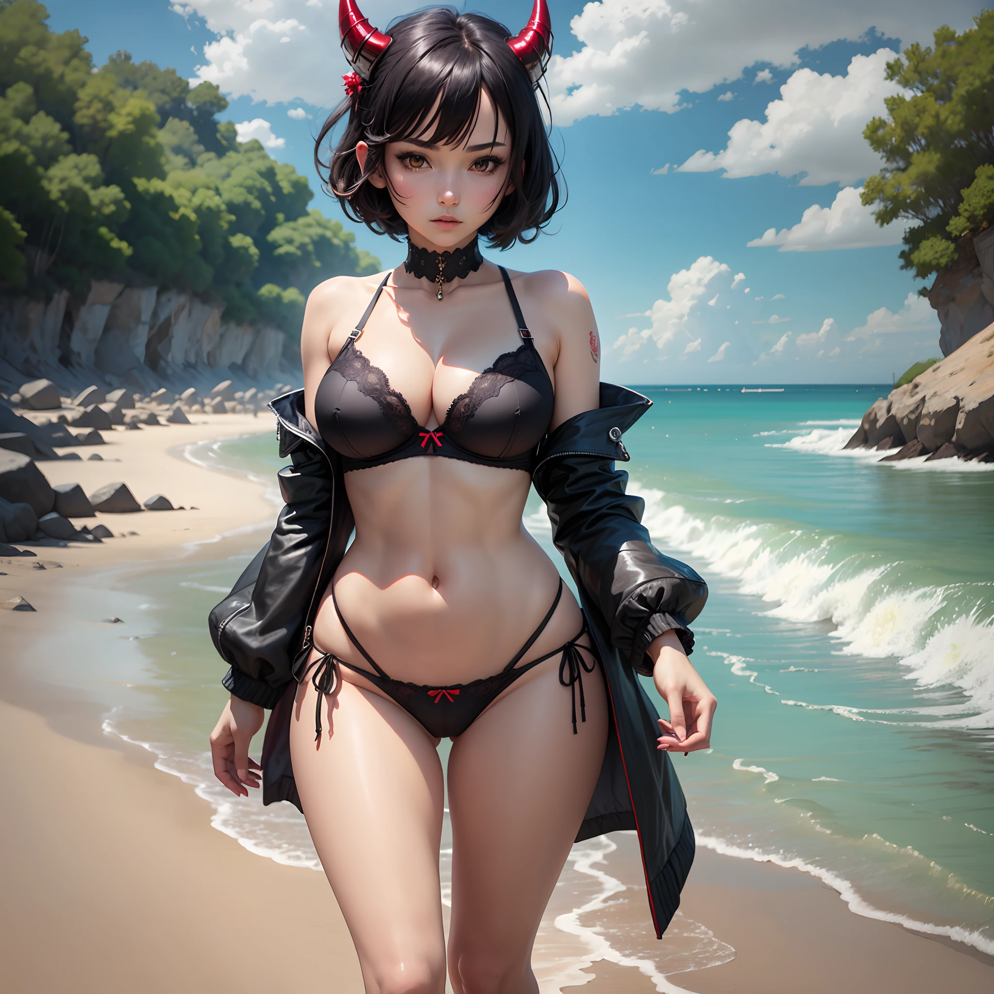 (masterpiece, best quality), intricate details, 1girl, solo, Nero, full body, black hair, short hair, ahoge, red eyes, horns, walking at the beach, black-red bra, black-red panties, cleavage, expressionless, looking at viewer, --auto --s2